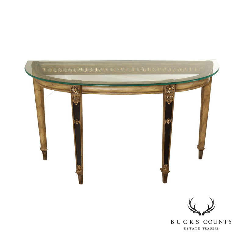 French Louis XVI Style Glass Top Demilune Console Table