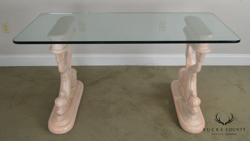 Hollywood Regency Style Vintage Carved Dolphin Base Glass Top Writing Desk