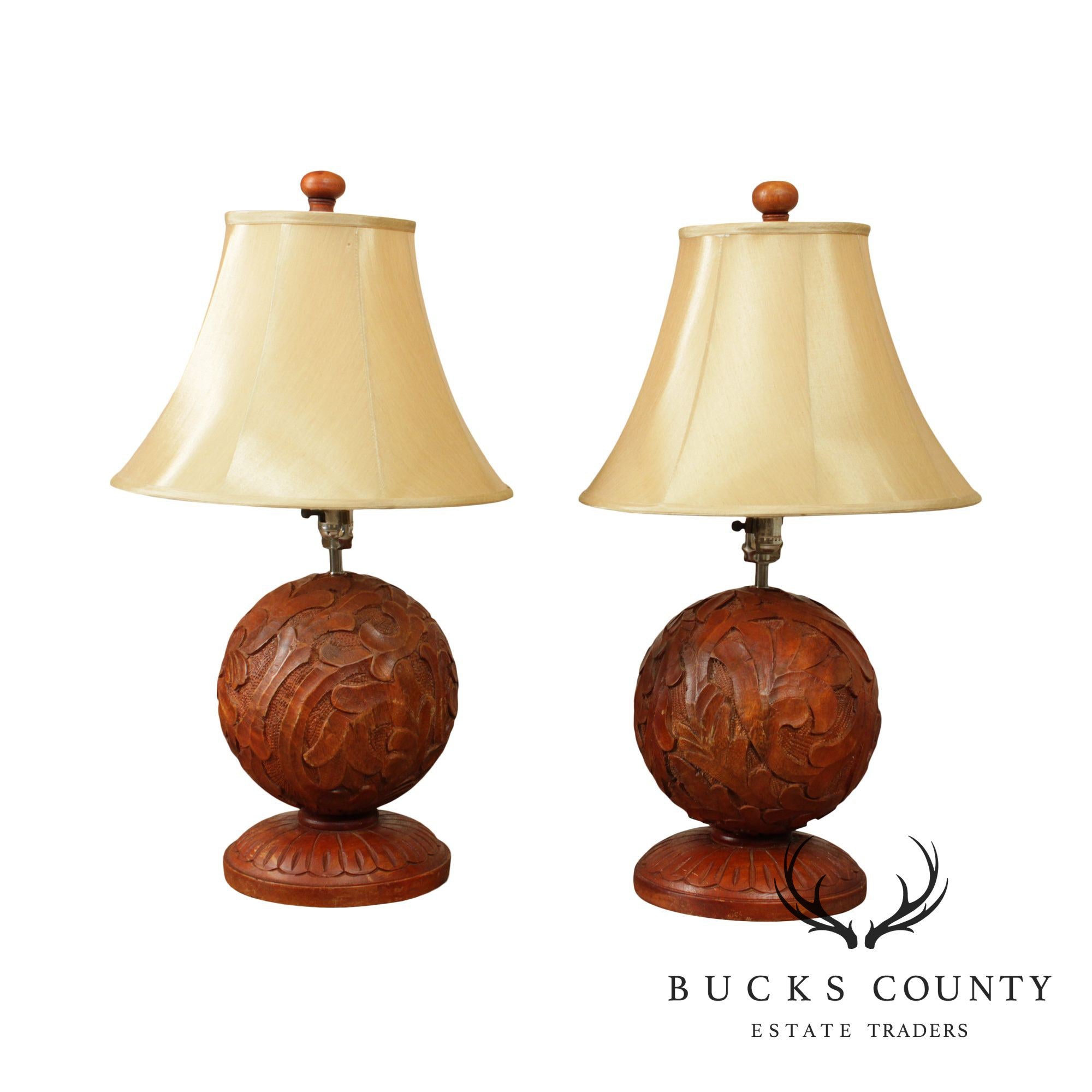 Quality Pair Curved Wood Sphere Table lamps