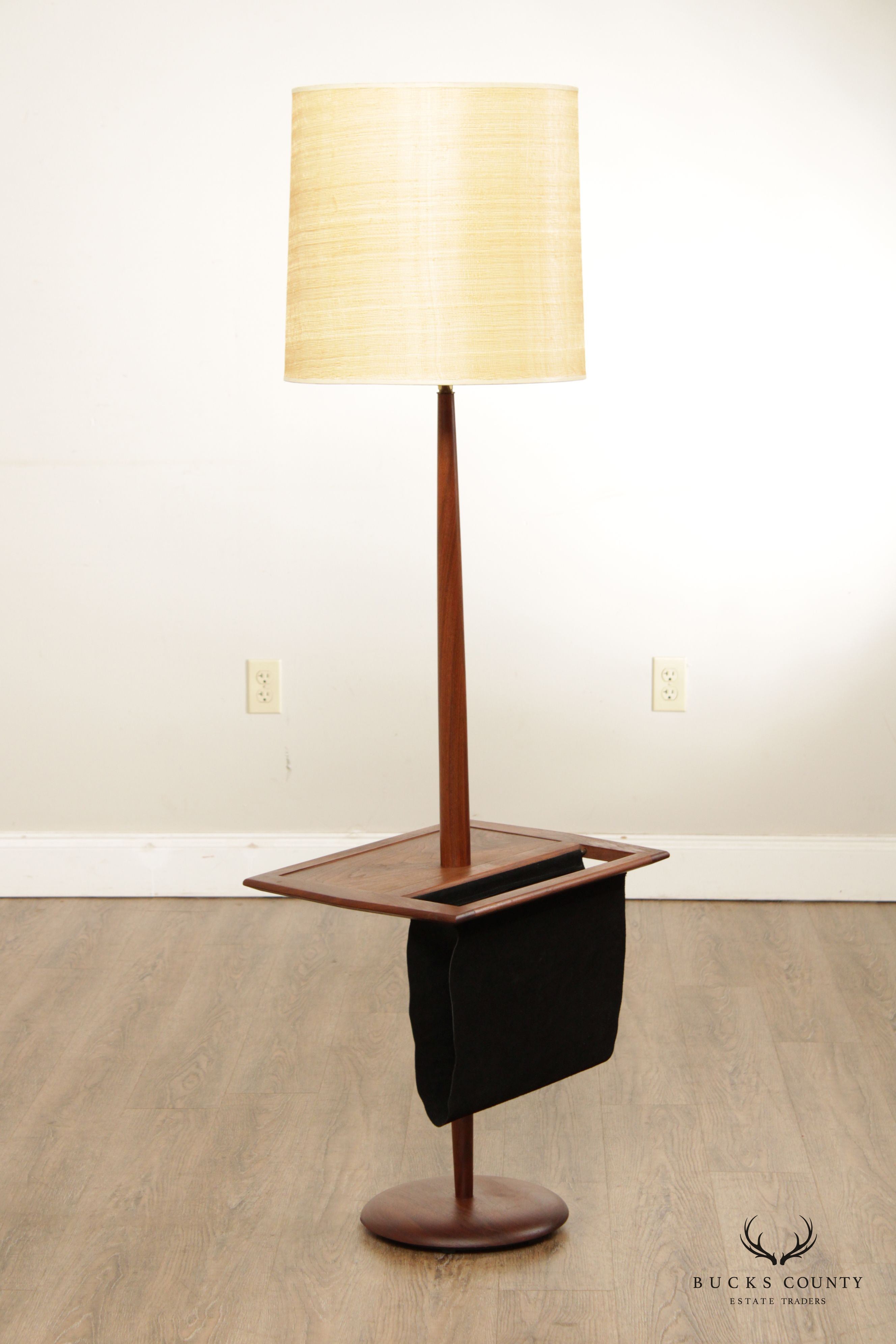 Mid Century Modern Walnut Table Floor Lamp with Magazine Rack