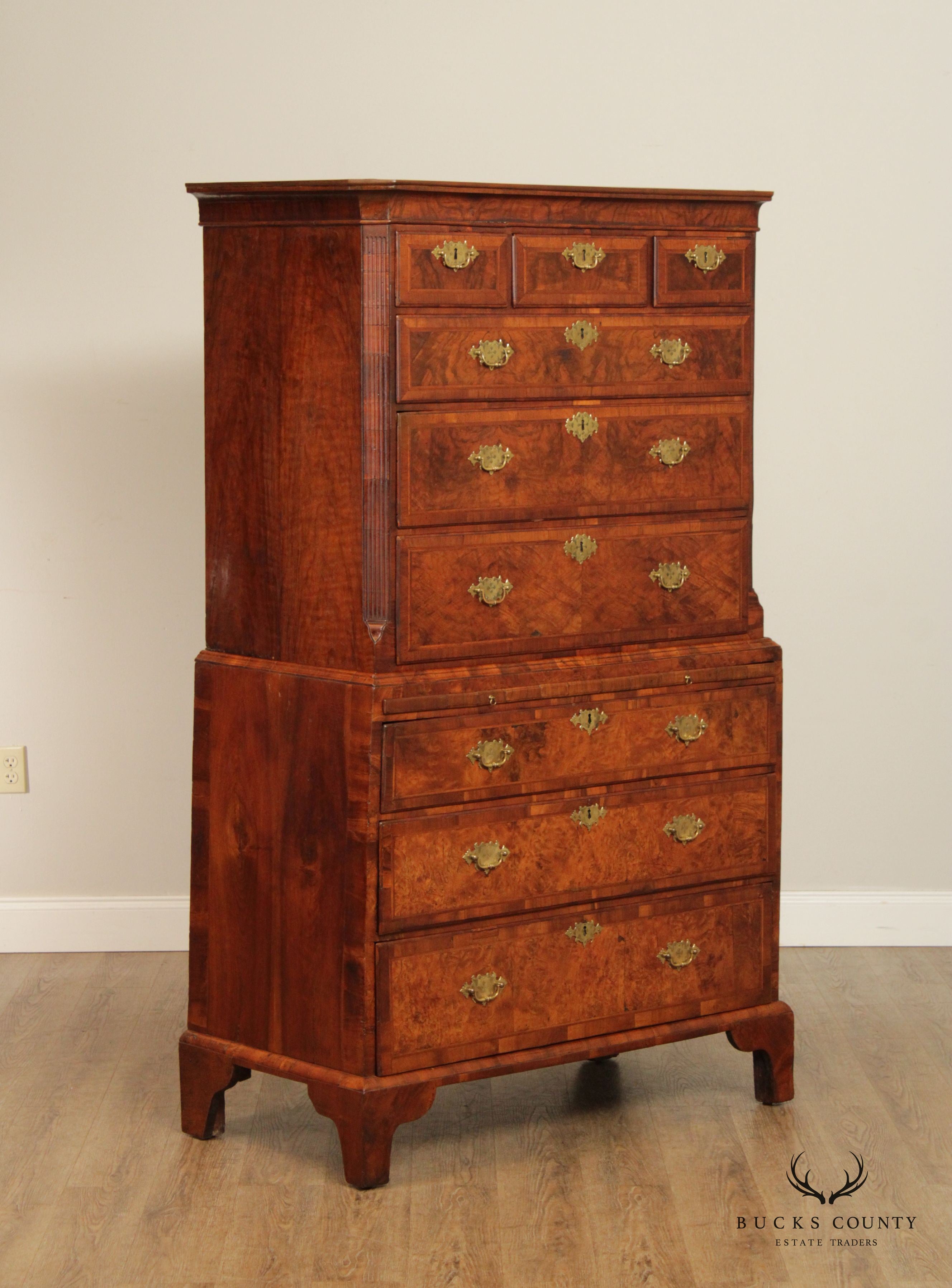 Antique 18th C. English George III Burl Wood Tallboy Chest On Chest