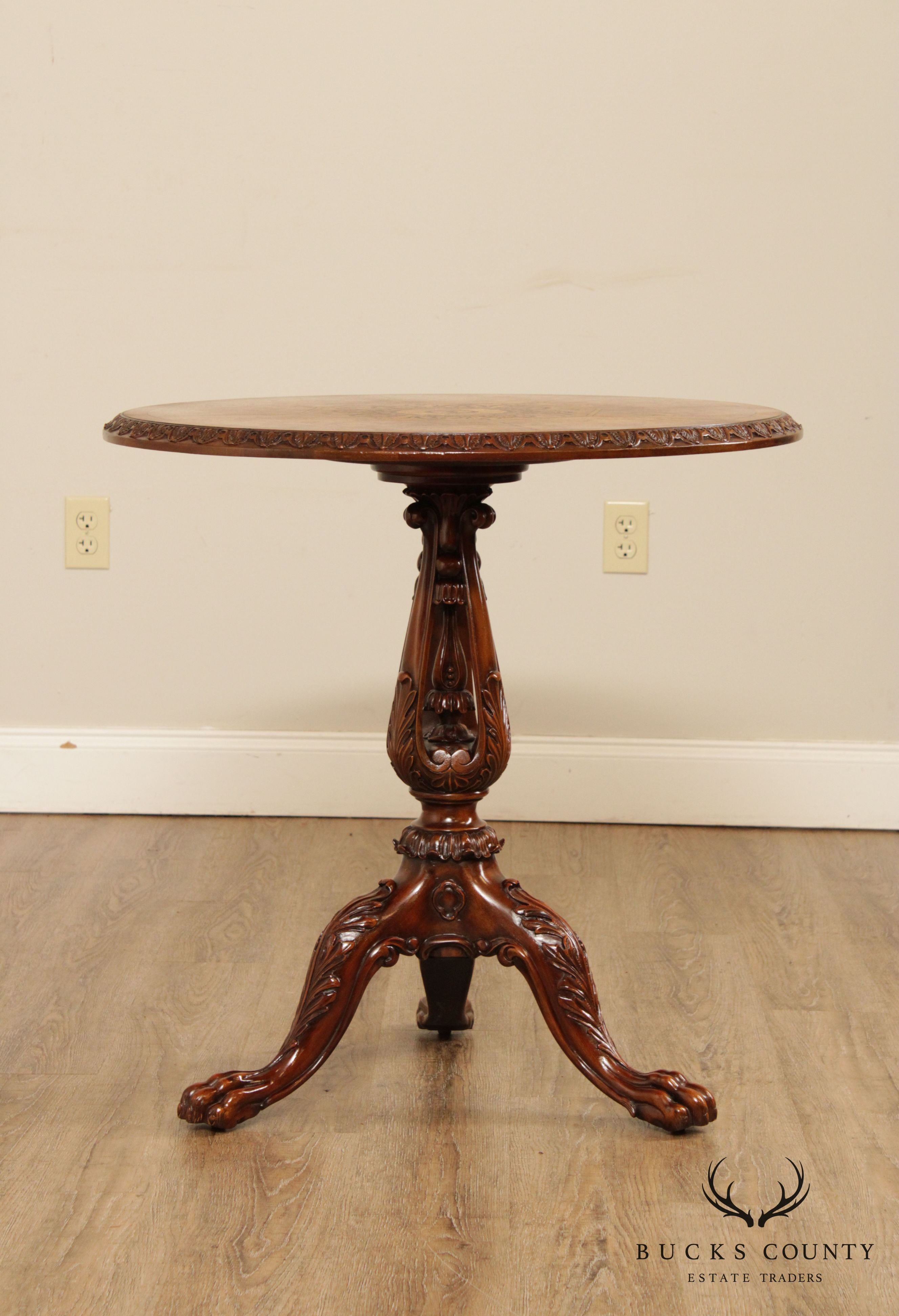 Maitland Smith Georgian Style Carved Mahogany, Round Inlaid Top Side Table