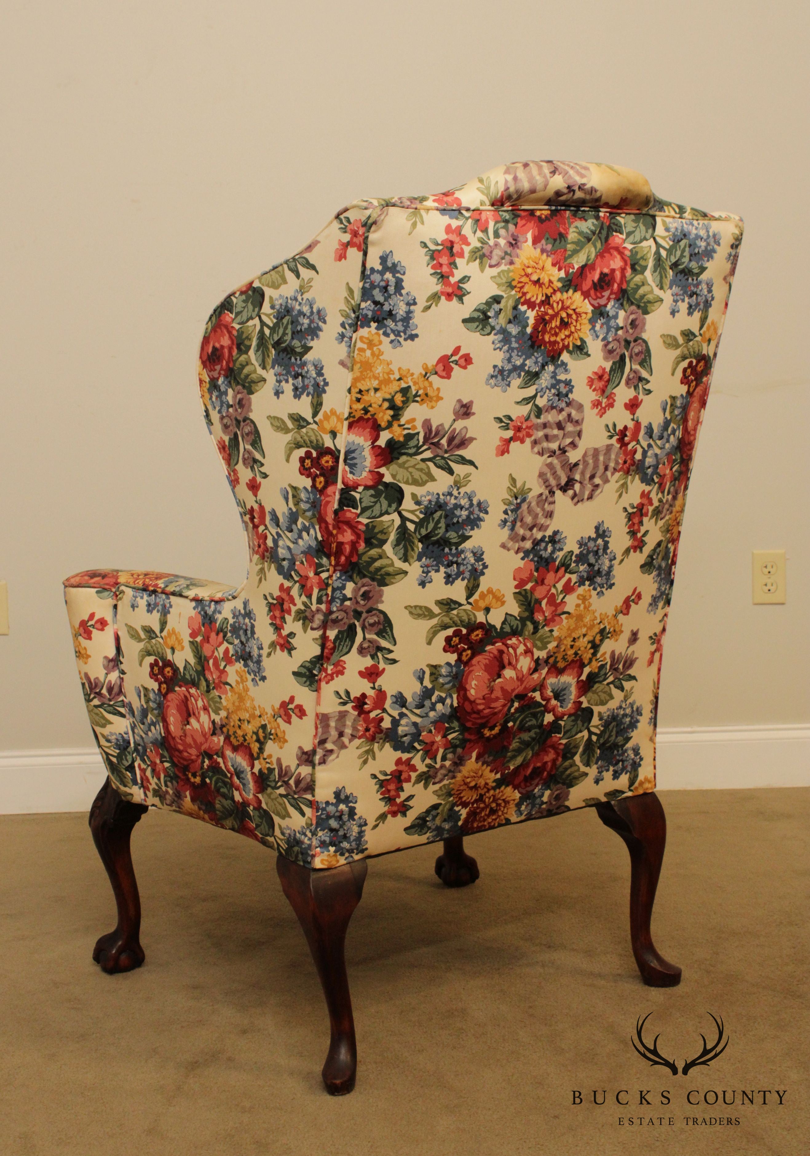 Chippendale Style Vintage Custom Mahogany Ball & Claw Wing Chair Frame