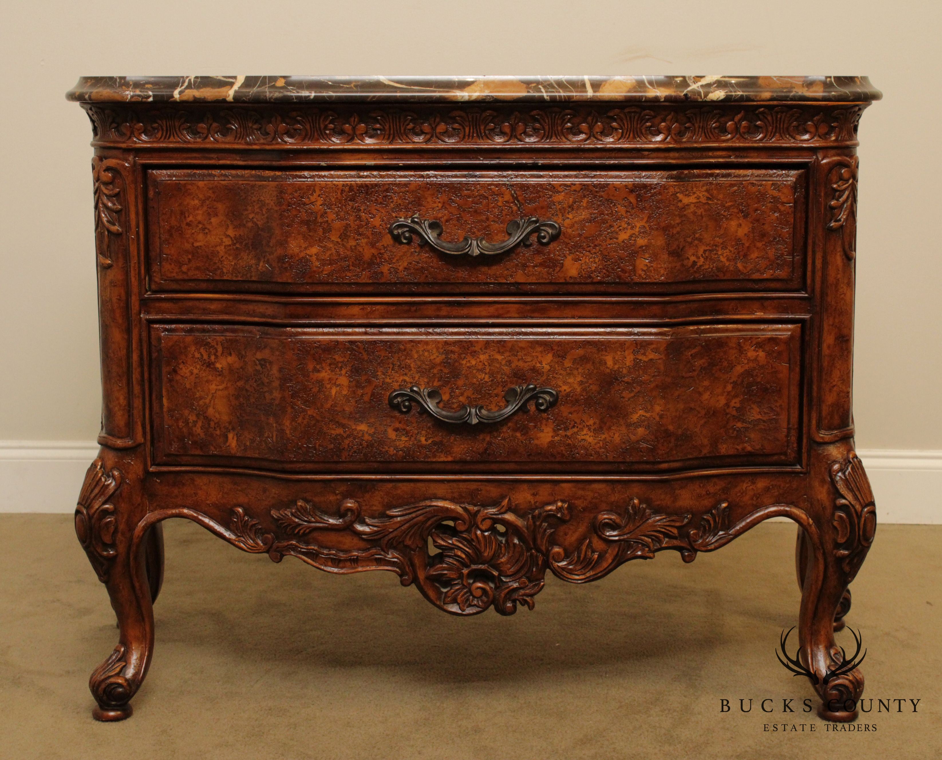 French Louis XV Style Quality Pair Marble Top 2 Drawer Nightstands