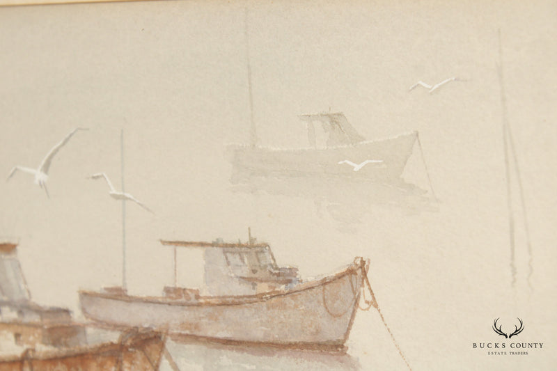 20th Century Fishing Boats at Anchor Watercolor Painting, Signed Rolandas Vilkauskas