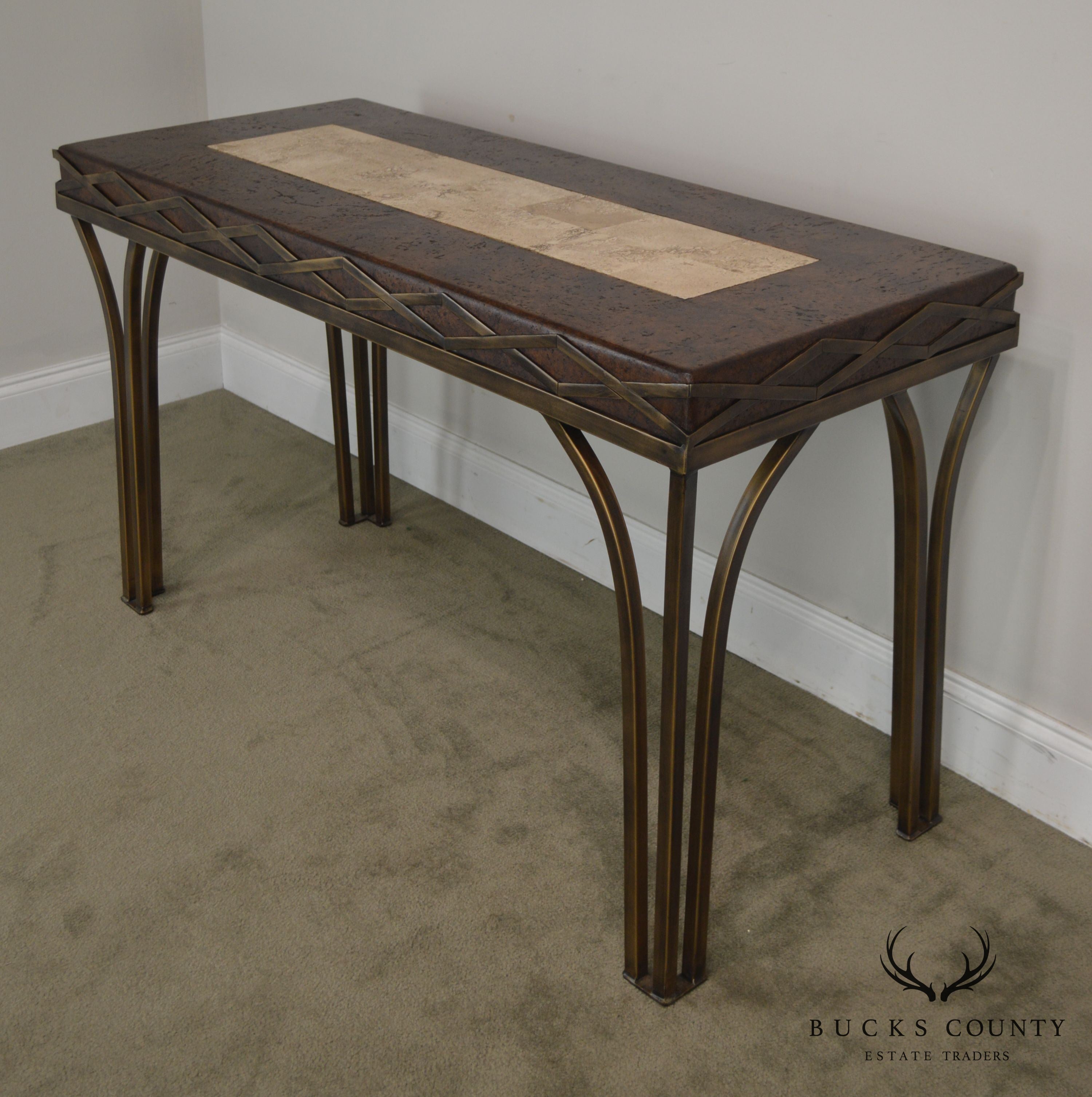 Iron Console Table with Cork and Tessellated Travertine Top