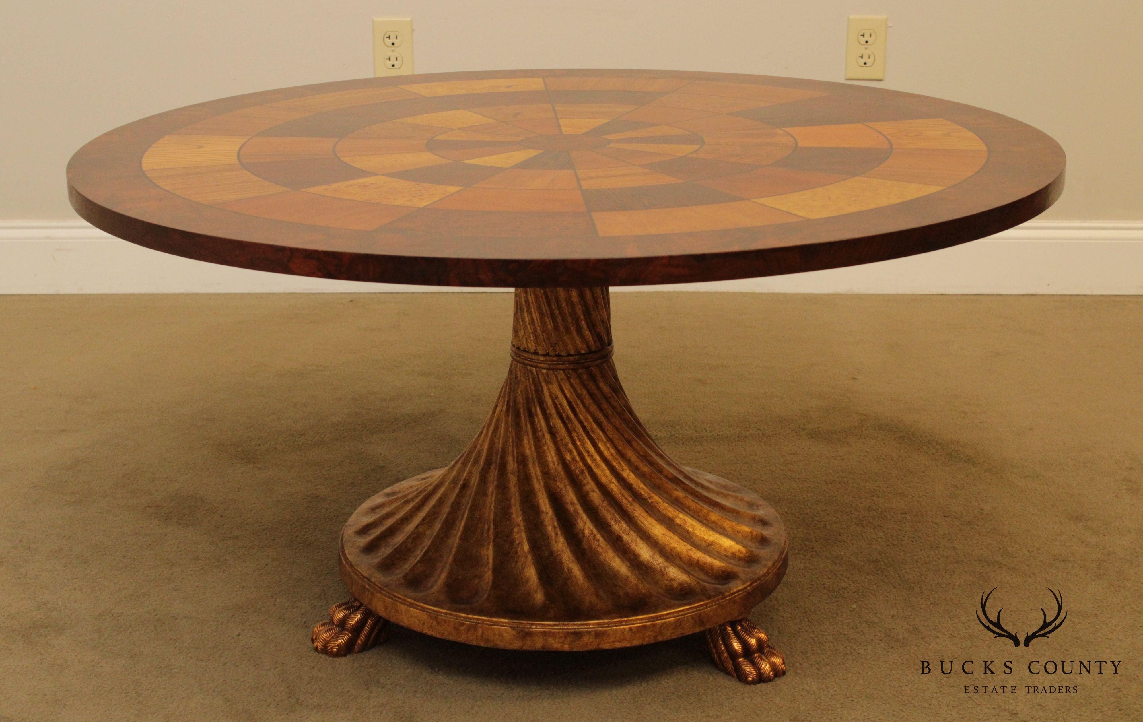 Quality Empire Style 42 inch Round Mixed Woods Inlaid Gilt Base Coffee Table