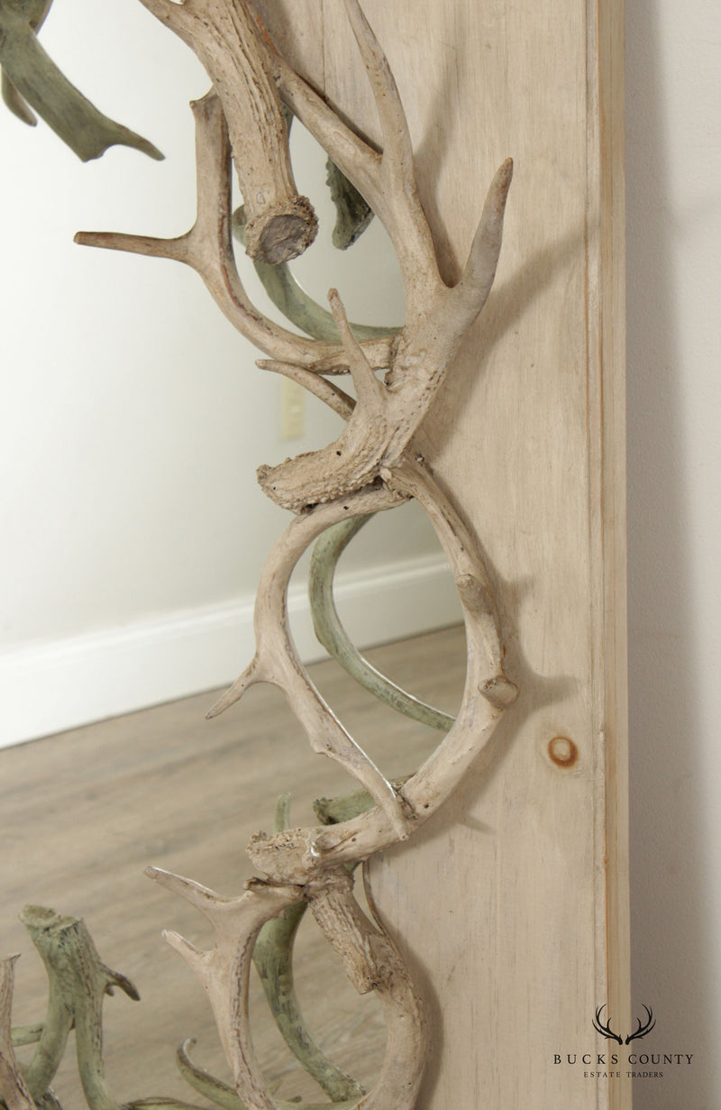 Rustic Painted Pine and Antler Wall Mirror