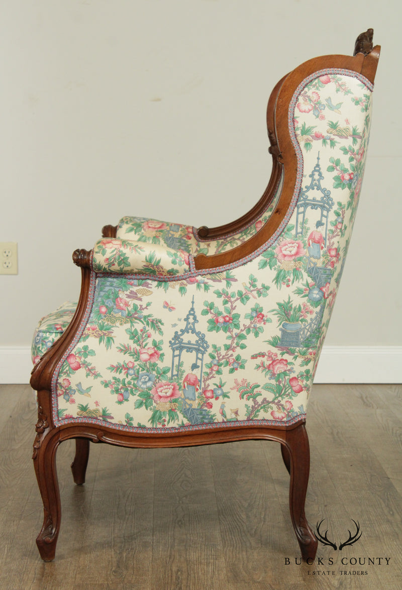 Lawsonia French Louis XV Style Vintage Carved Walnut Bergere Wing Chair