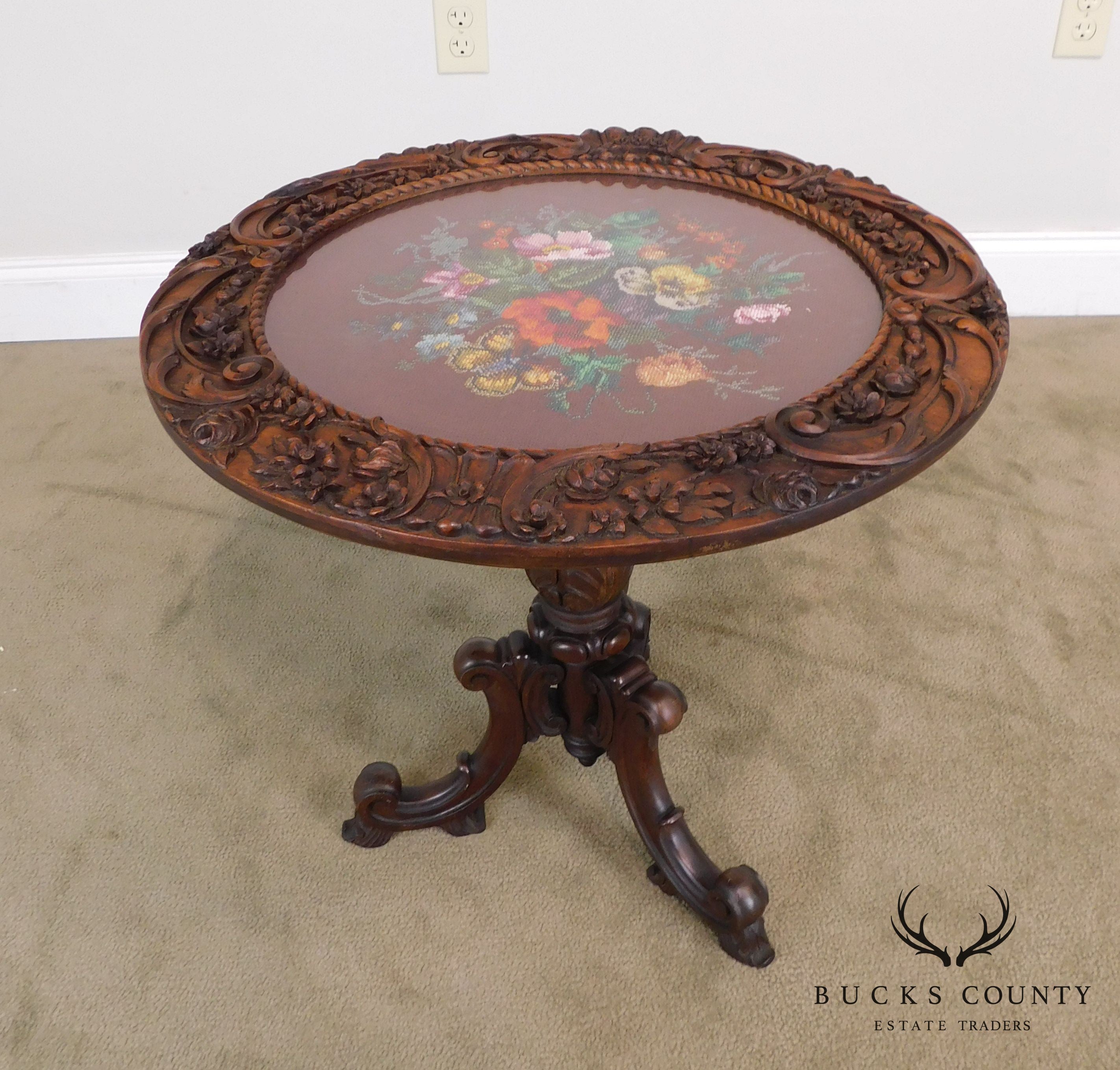 Renaissance Revival Antique Hand Carved Solid Walnut Round Table with Beeded Needlework