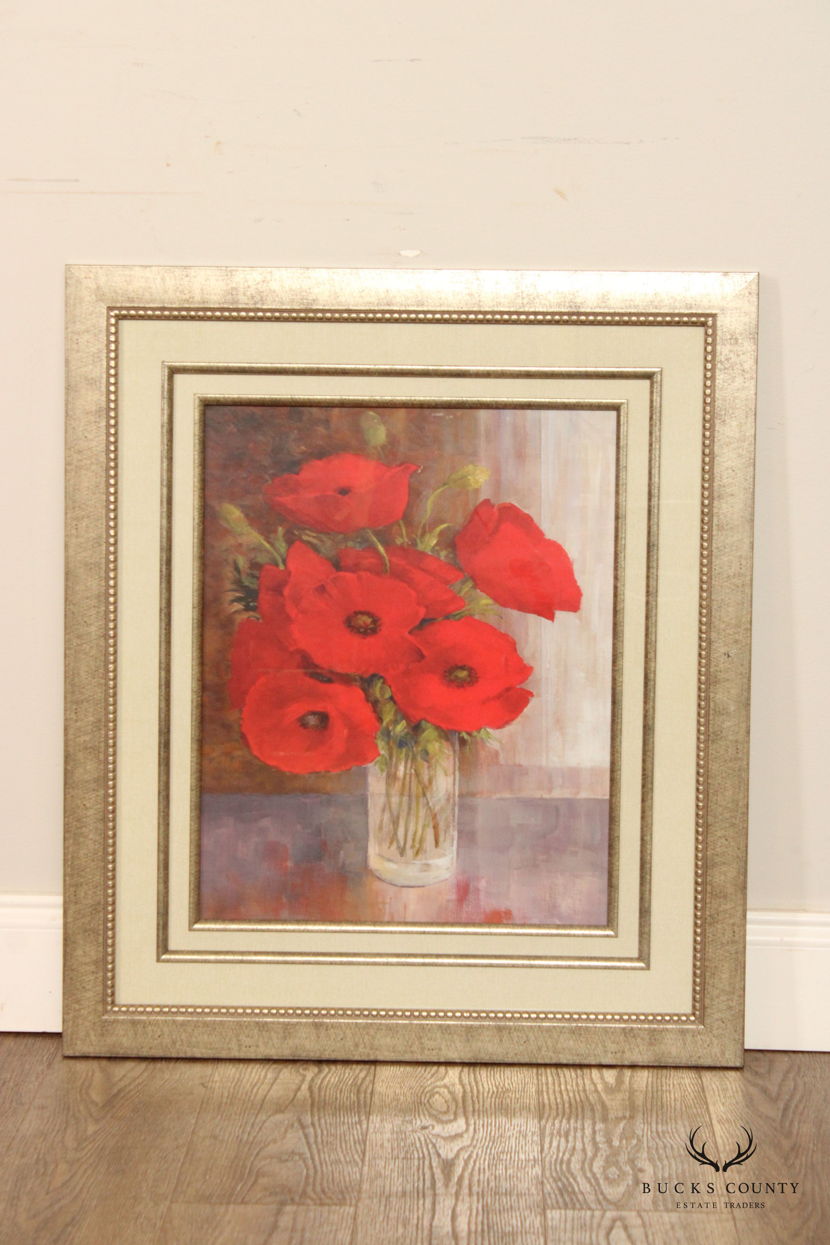 Contemporary Floral Red Poppy Still Life Art Print, Custom Framed