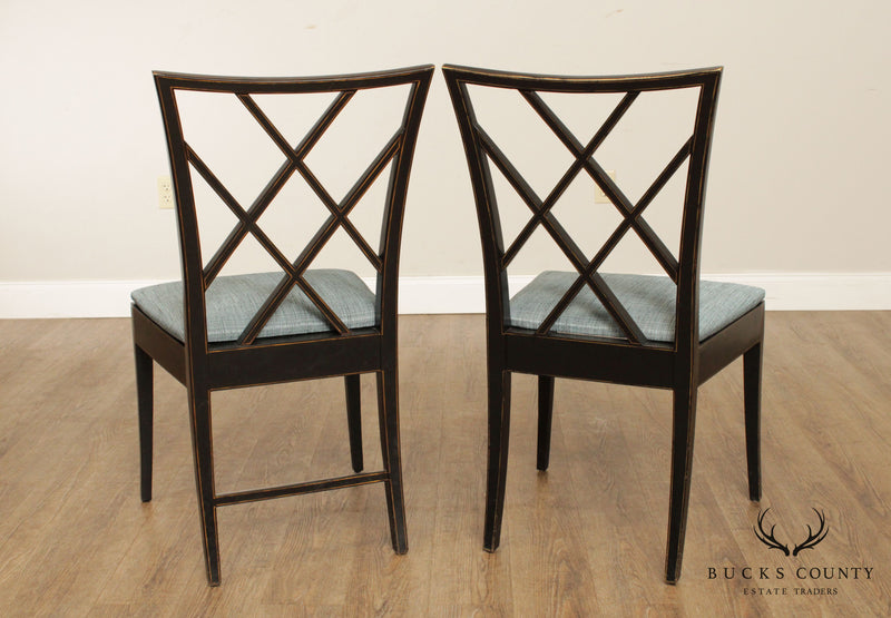 Chinese Chippendale Style Vintage Set 4 Ebonized Dining Chairs
