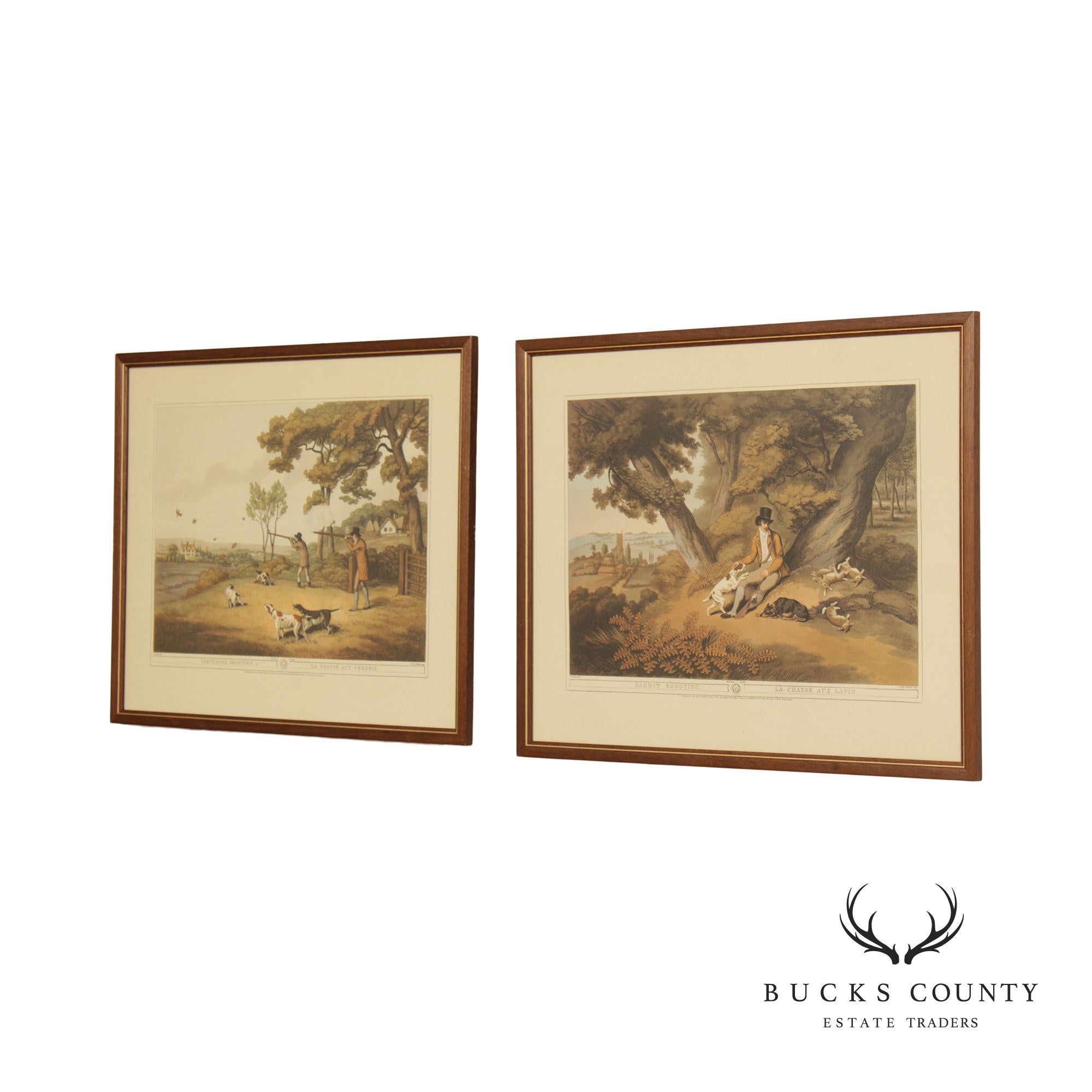 English Pair Field Sport Hunting Aquatints, Custom Framed