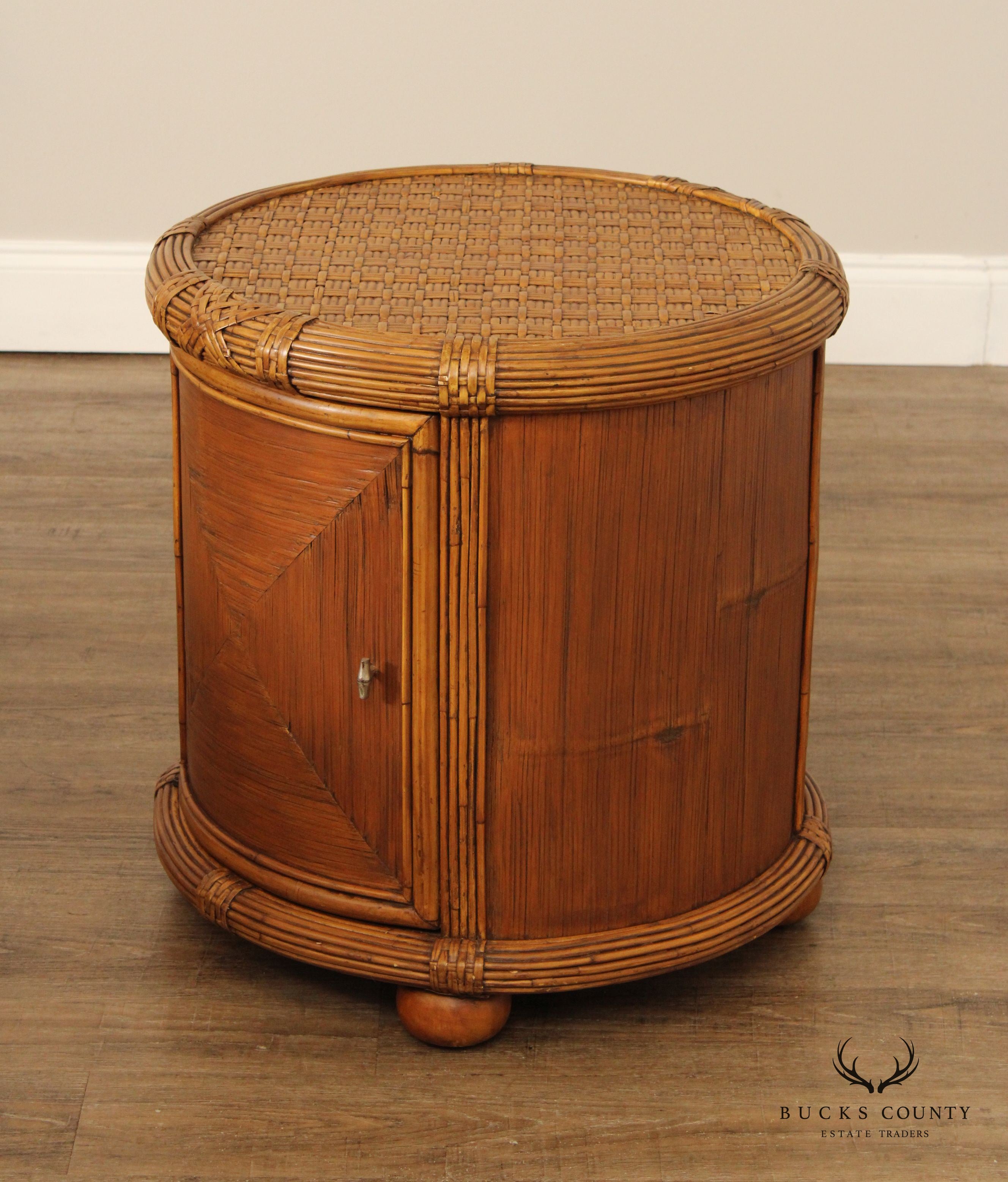 Bamboo and Rattan Circular Glass Top Drum Style Side Table