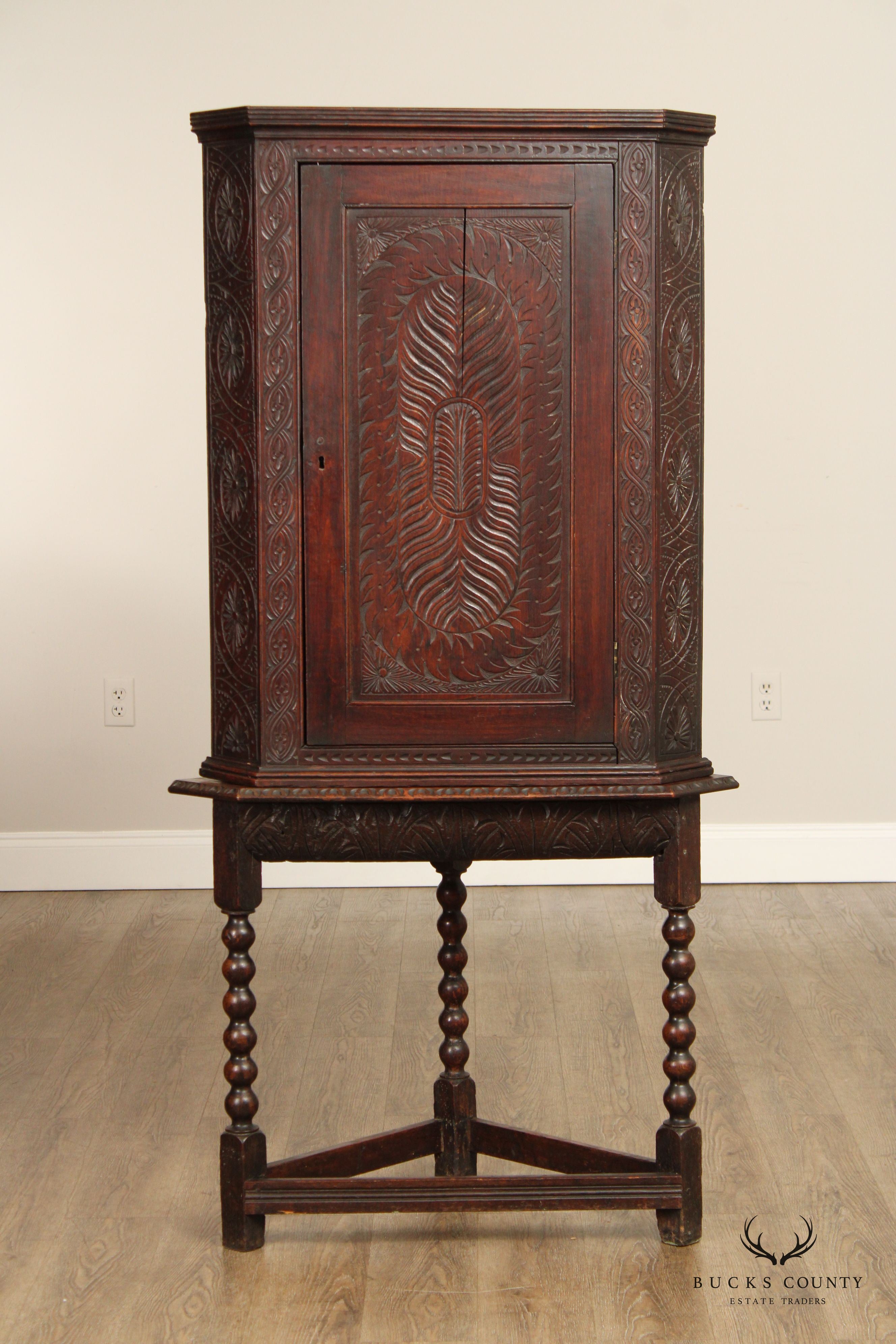 Antique English Carved Oak Corner Cabinet on Stand