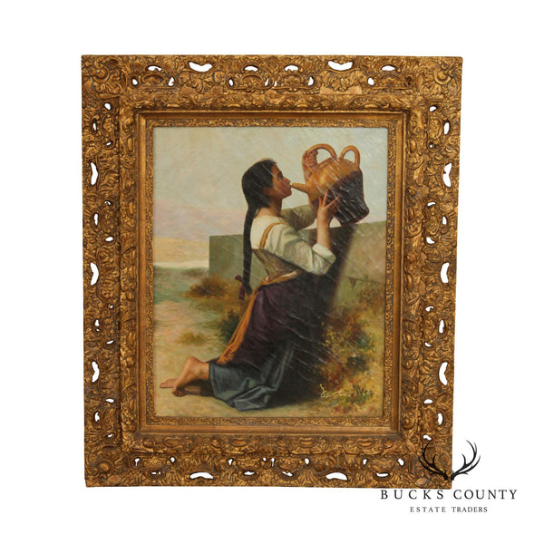 Vintage 20th C. 'Thirst' Original Oil Painting After William Adolphe Bouguereau