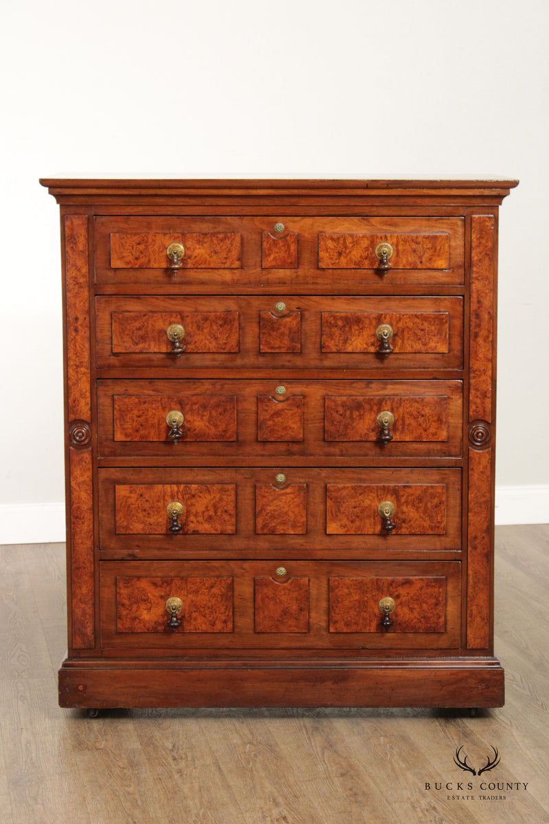 Antique Victorian Walnut and Burl Tall Chest of Drawers