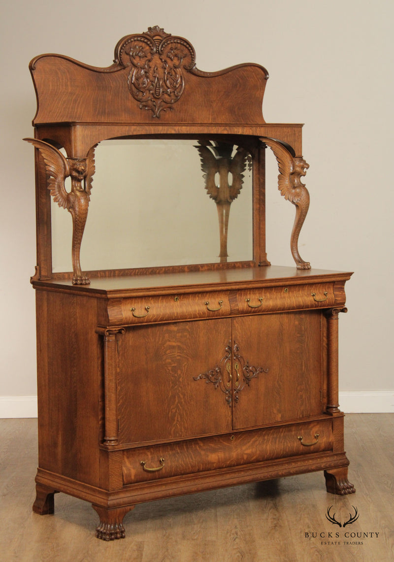 Antique Victorian Winged Griffin Carved Oak Sideboard Buffet
