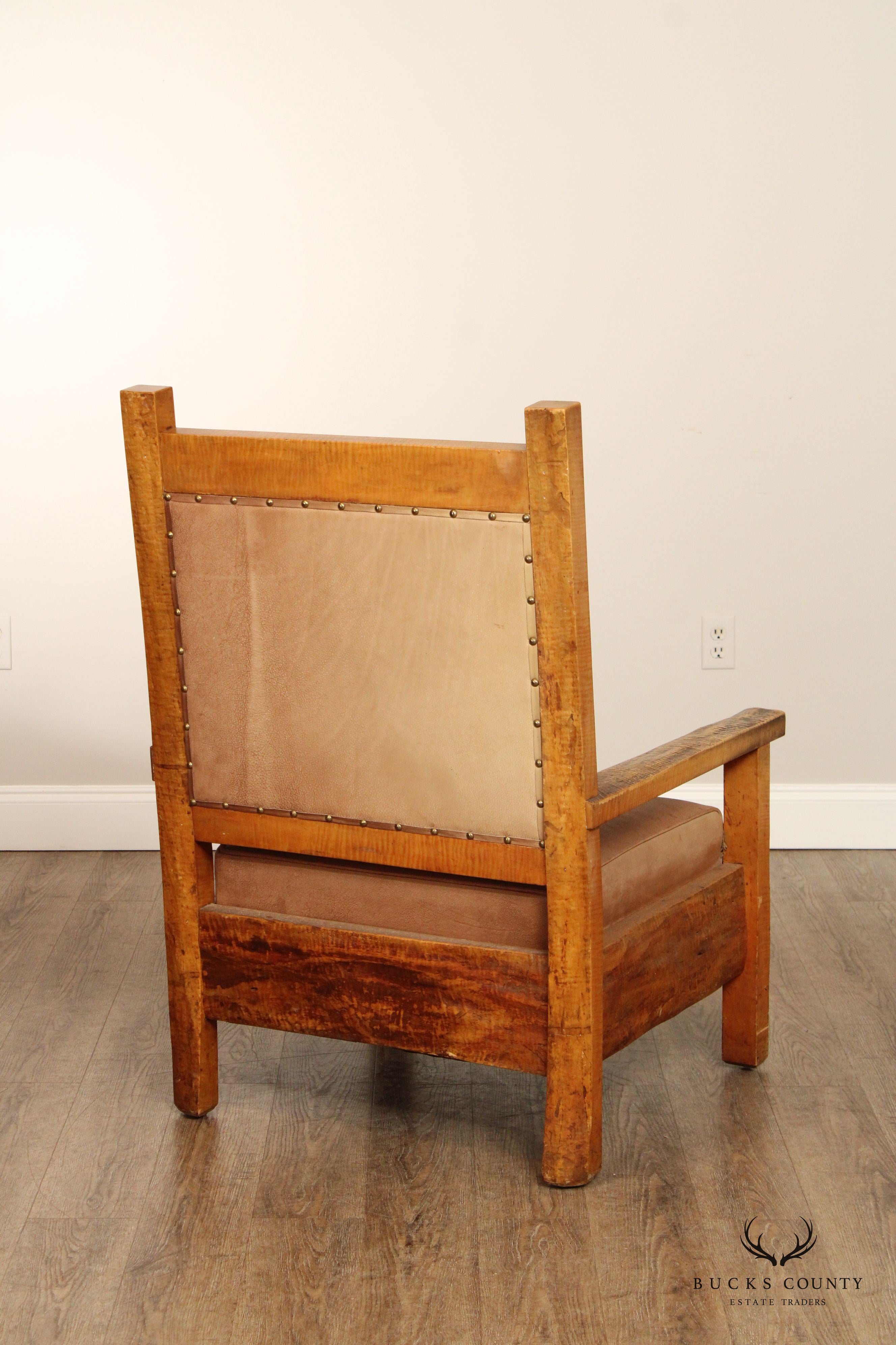 ANTIQUE ADIRONDACK MISSION STYLE TIGER MAPLE ARMCHAIR