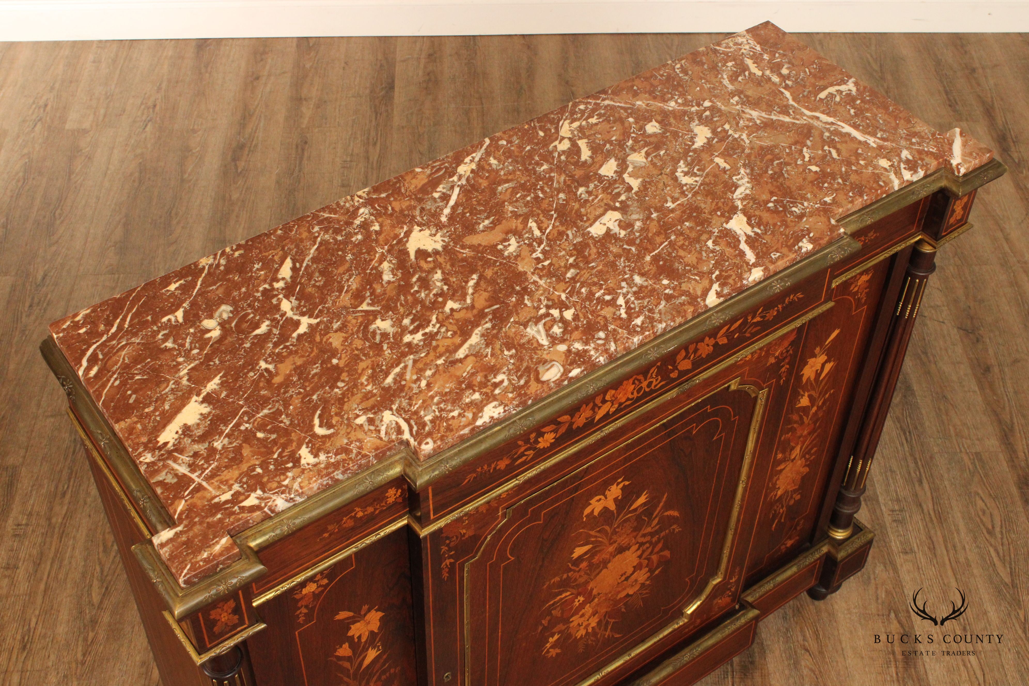 Antique 19th C. French Napoleon III Marquetry Inlaid Marble Top Cabinet