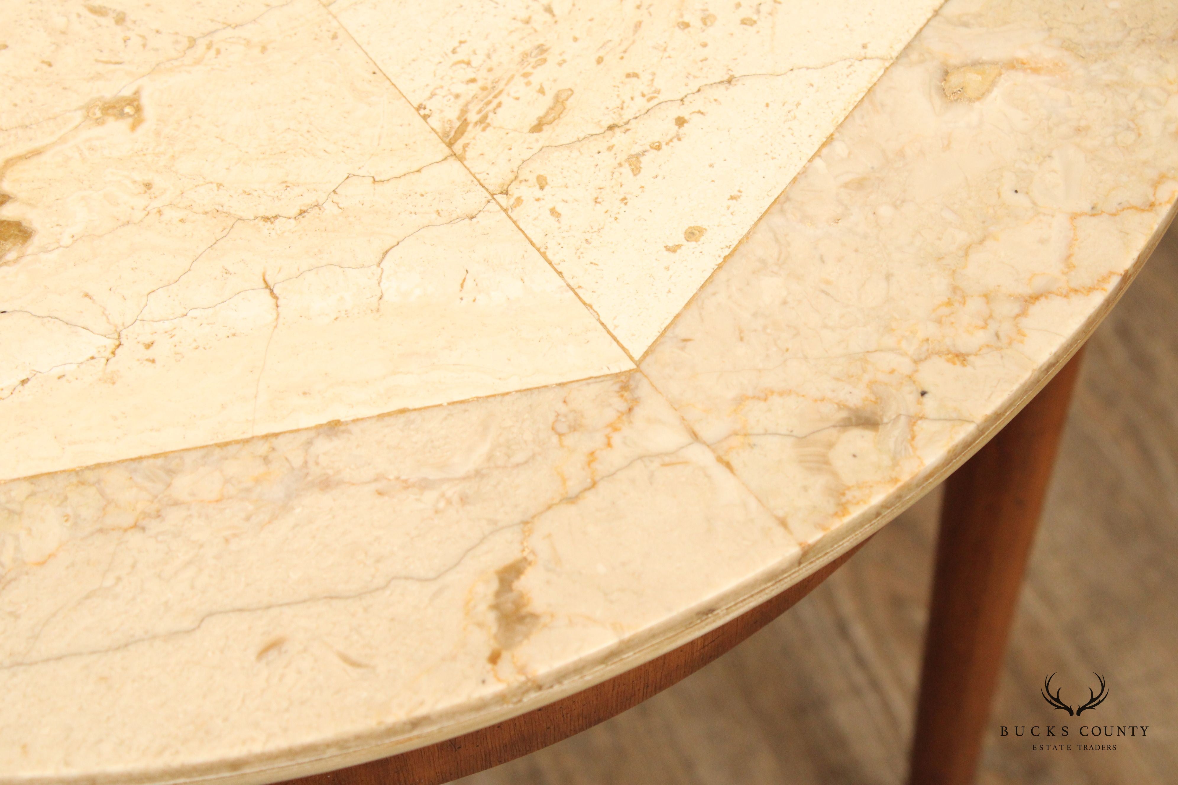 Italian Mid Century Round Travertine Top Walnut Side Table