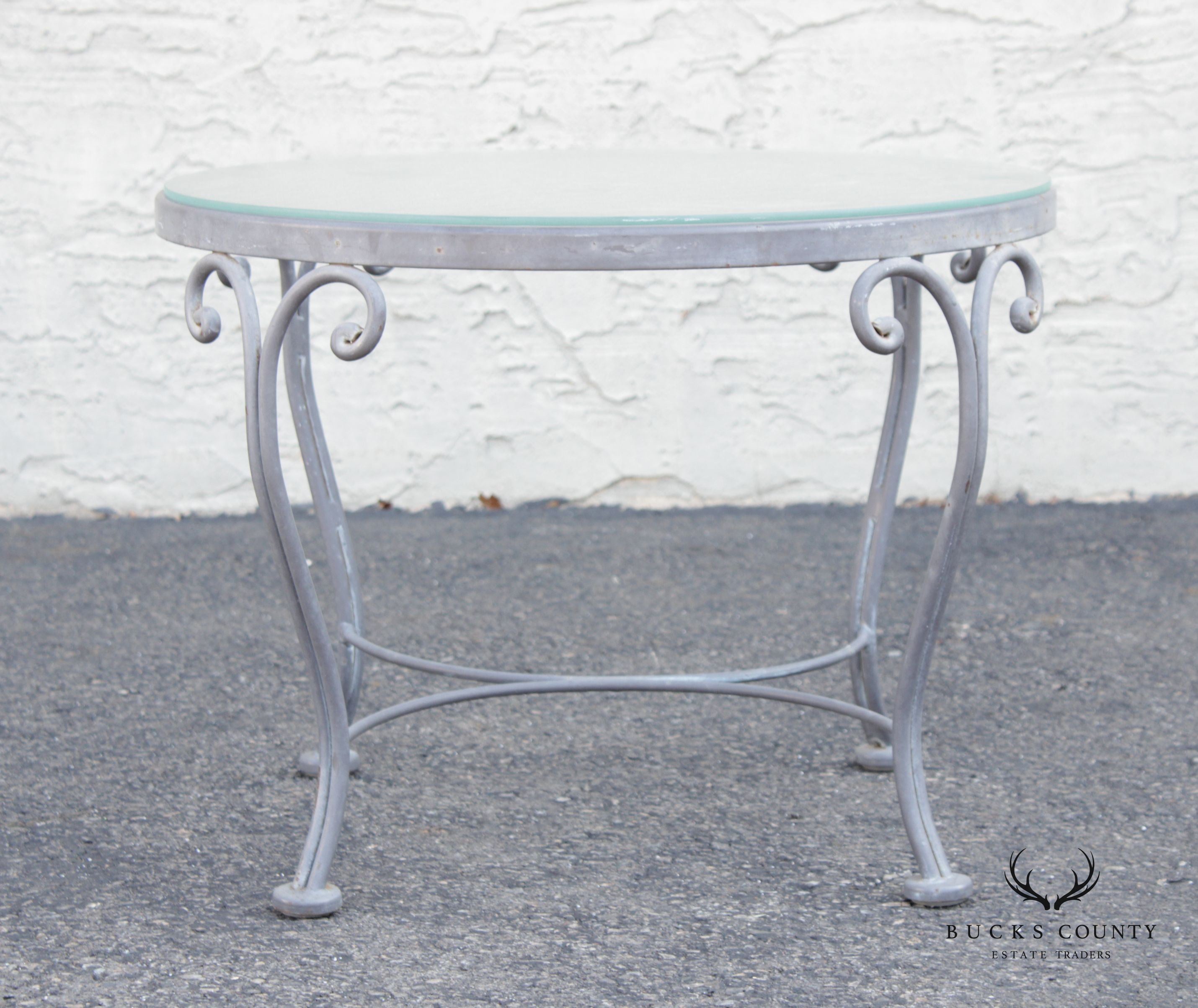 French Style Vintage Scrolled Wrought Iron Round Glass Top Outdoor Cocktail Table