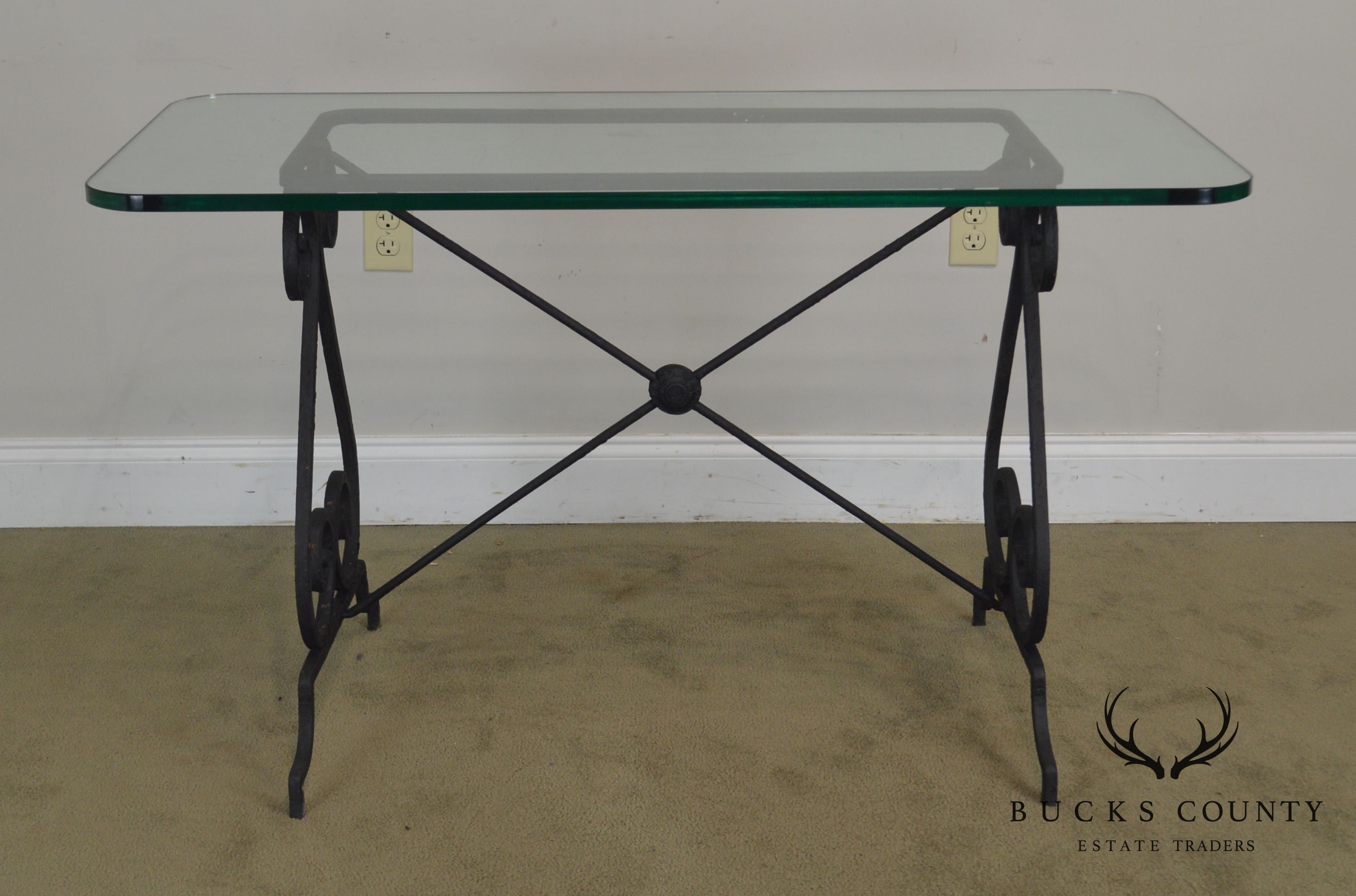 Antique Forged Iron Bistro Table With Glass Top