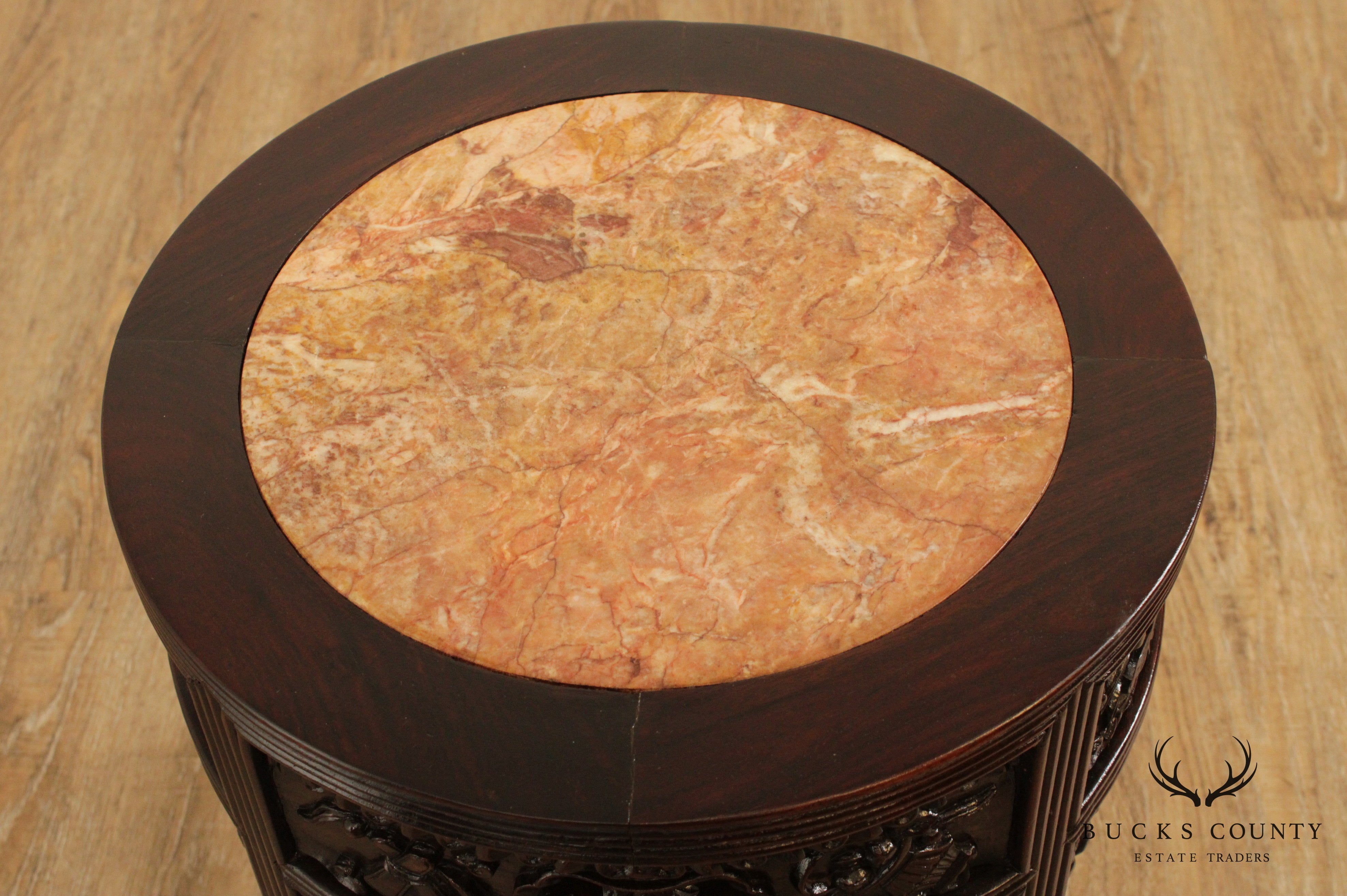 Vintage Carved Asian Round Marble Top Side Table