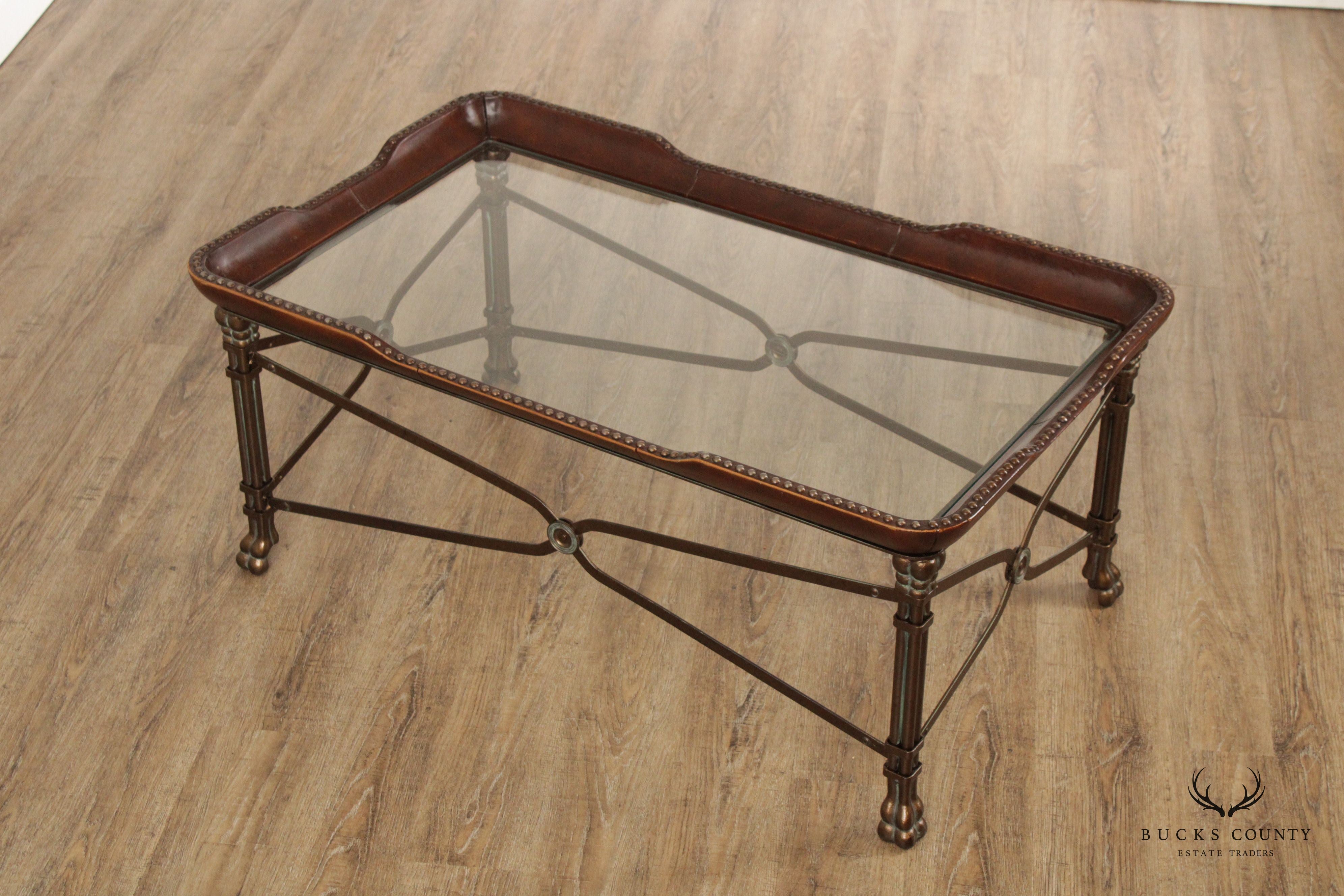 Maitland Smith Regency Style Leather Wrapped Glass Top Coffee Table