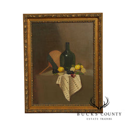 Framed Oil Painting Still Life, Demijohn Bottle, Lemons, Grapes & Rose