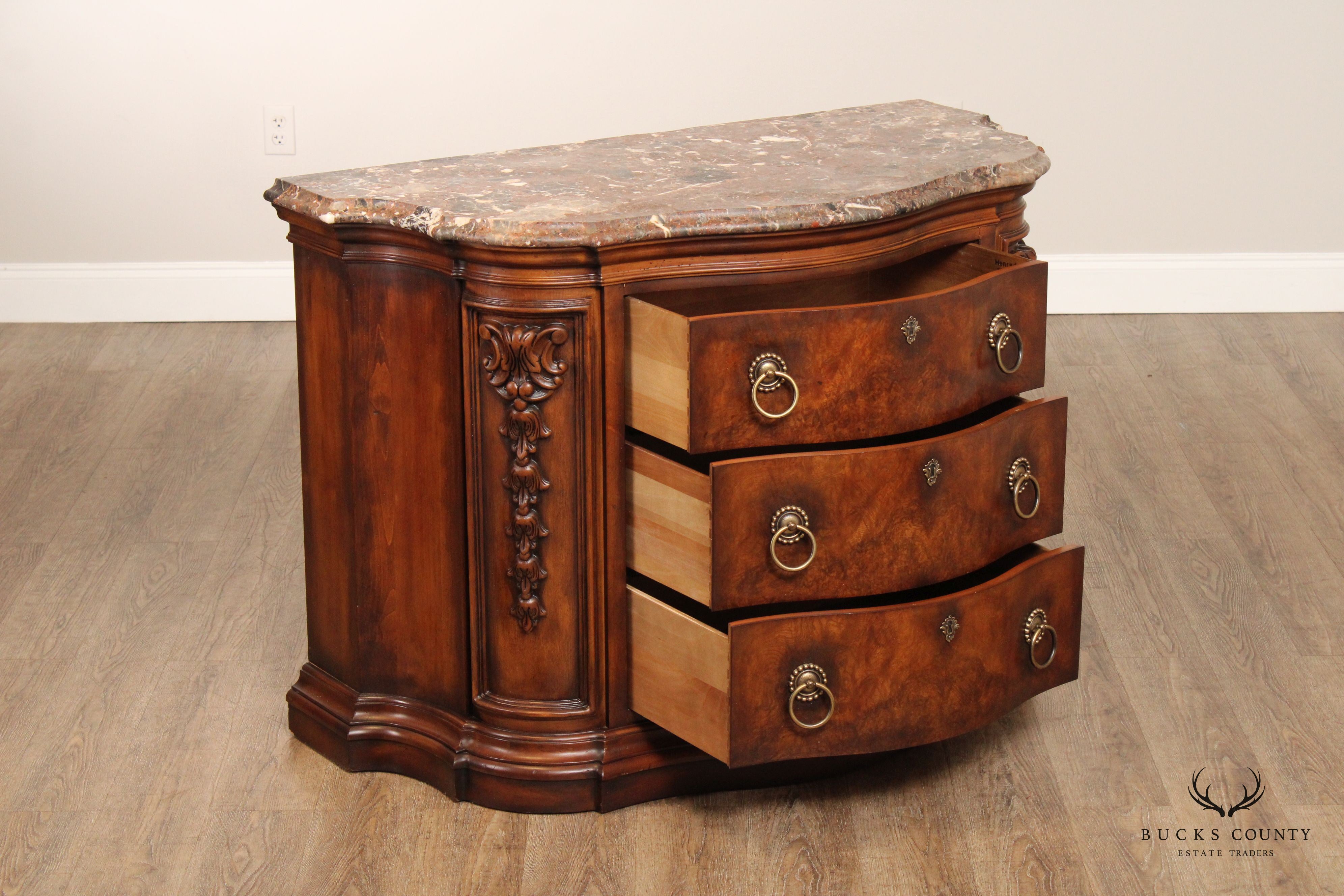 Henredon Tuscan Style Burl Walnut Marble Top Commode