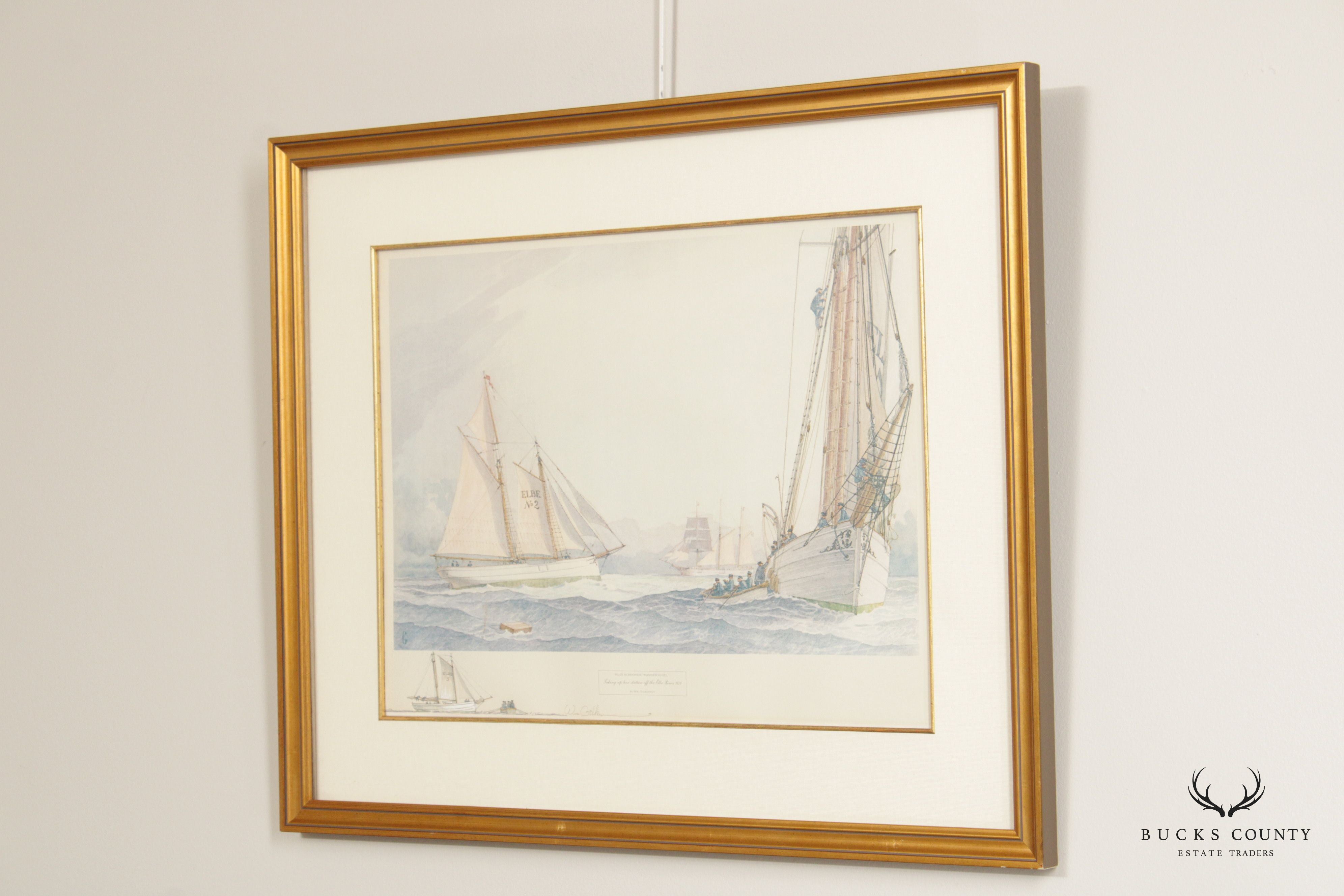 William Gilkerson 'Pilot Schooner Wandervogel' Maritime Watercolor, Custom Framed