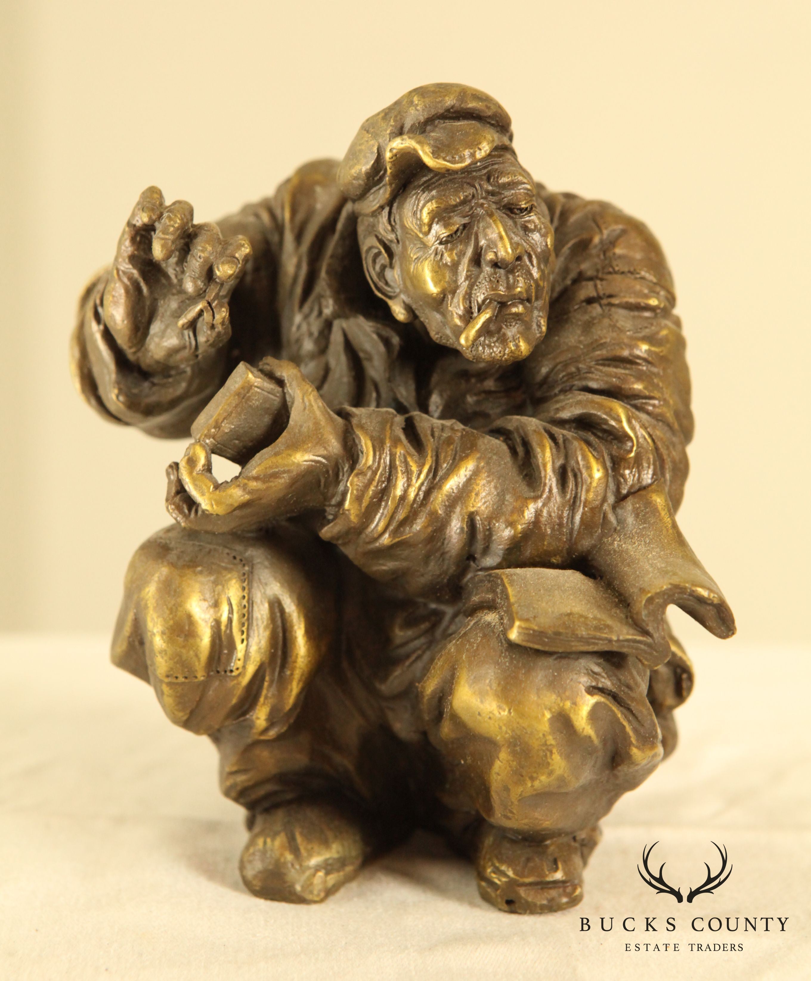 Atlie Bronze Figure of an Old Man Reading, Striking Match for Cigarette