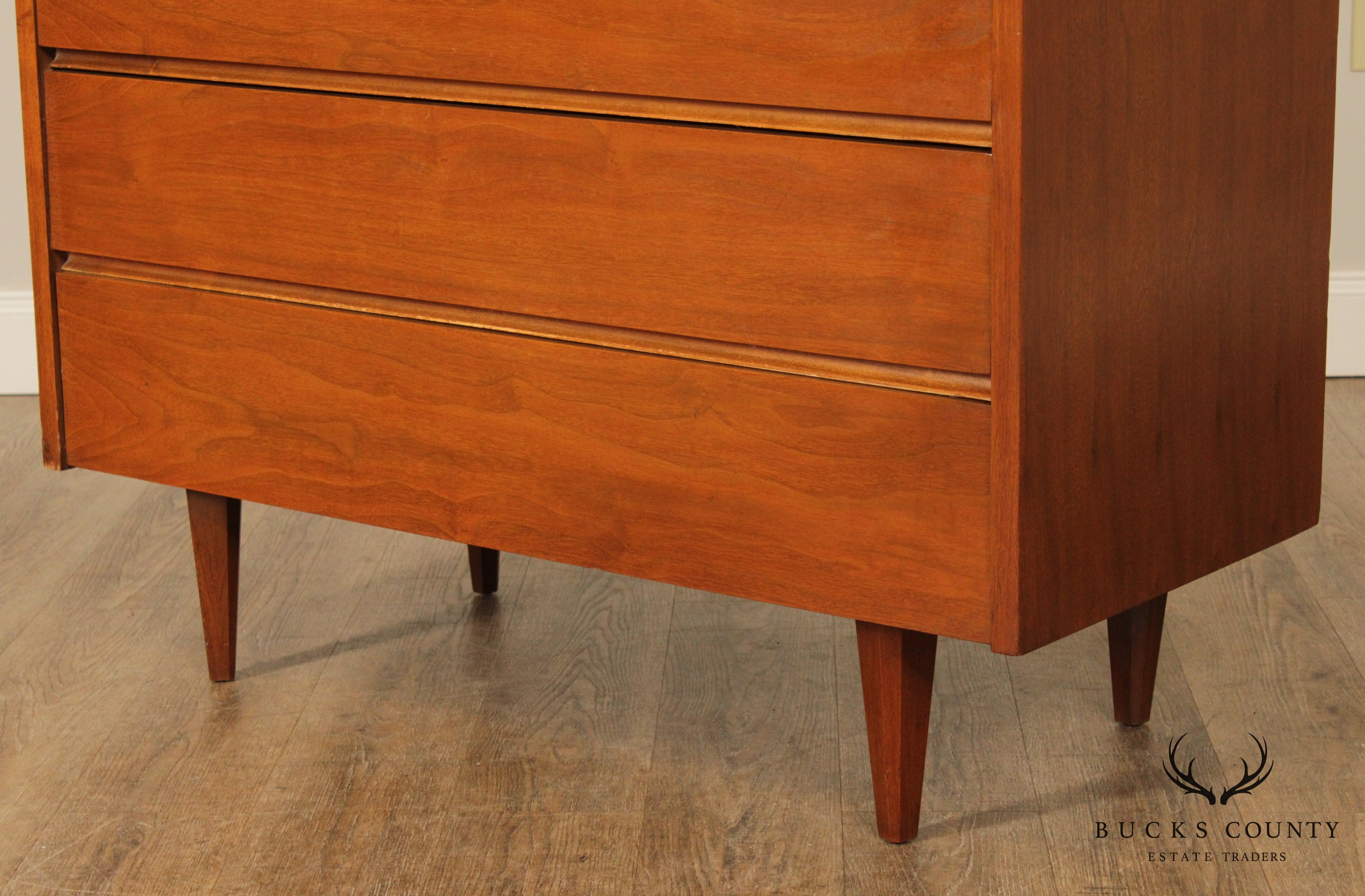 Mid Century Modern Vintage Walnut 5 Drawer Tall Chest