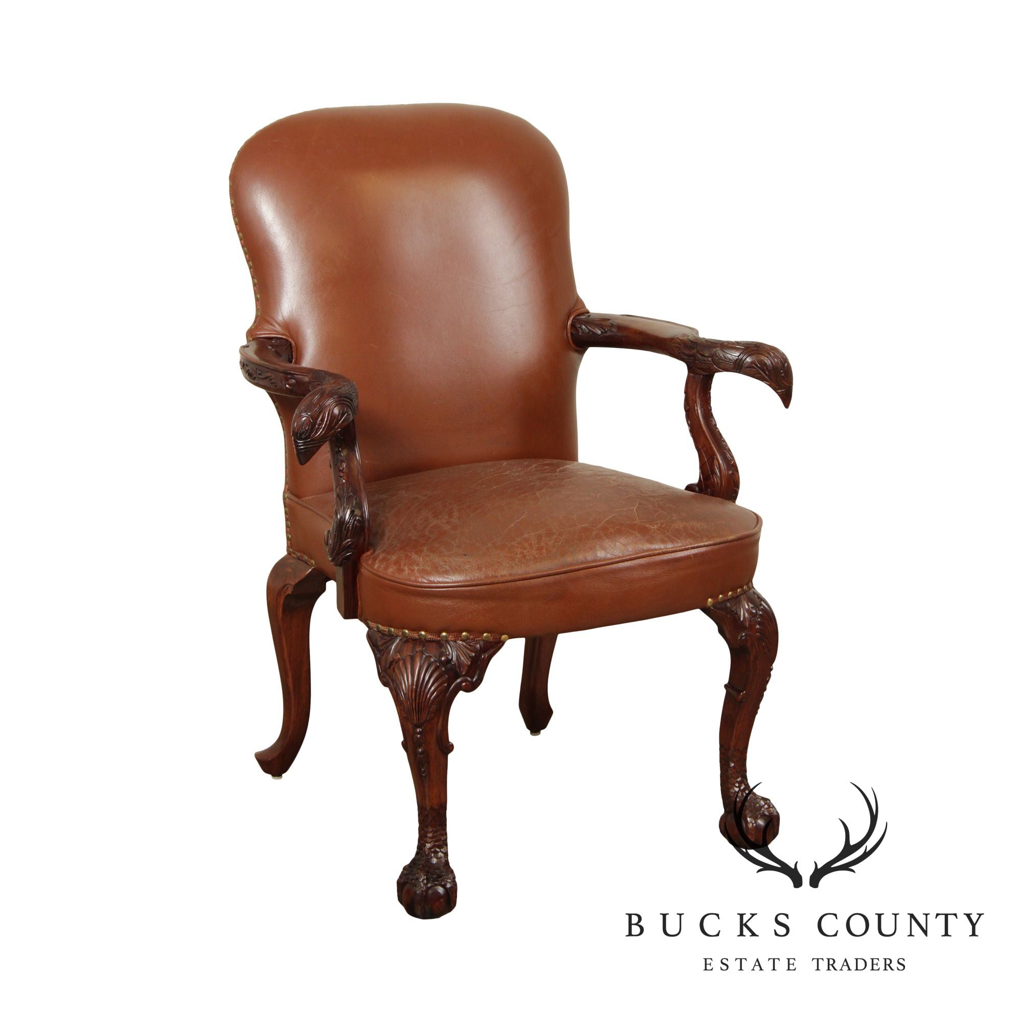 Georgian Chippendale Style Mahogany Eagle Carved Leather Armchair