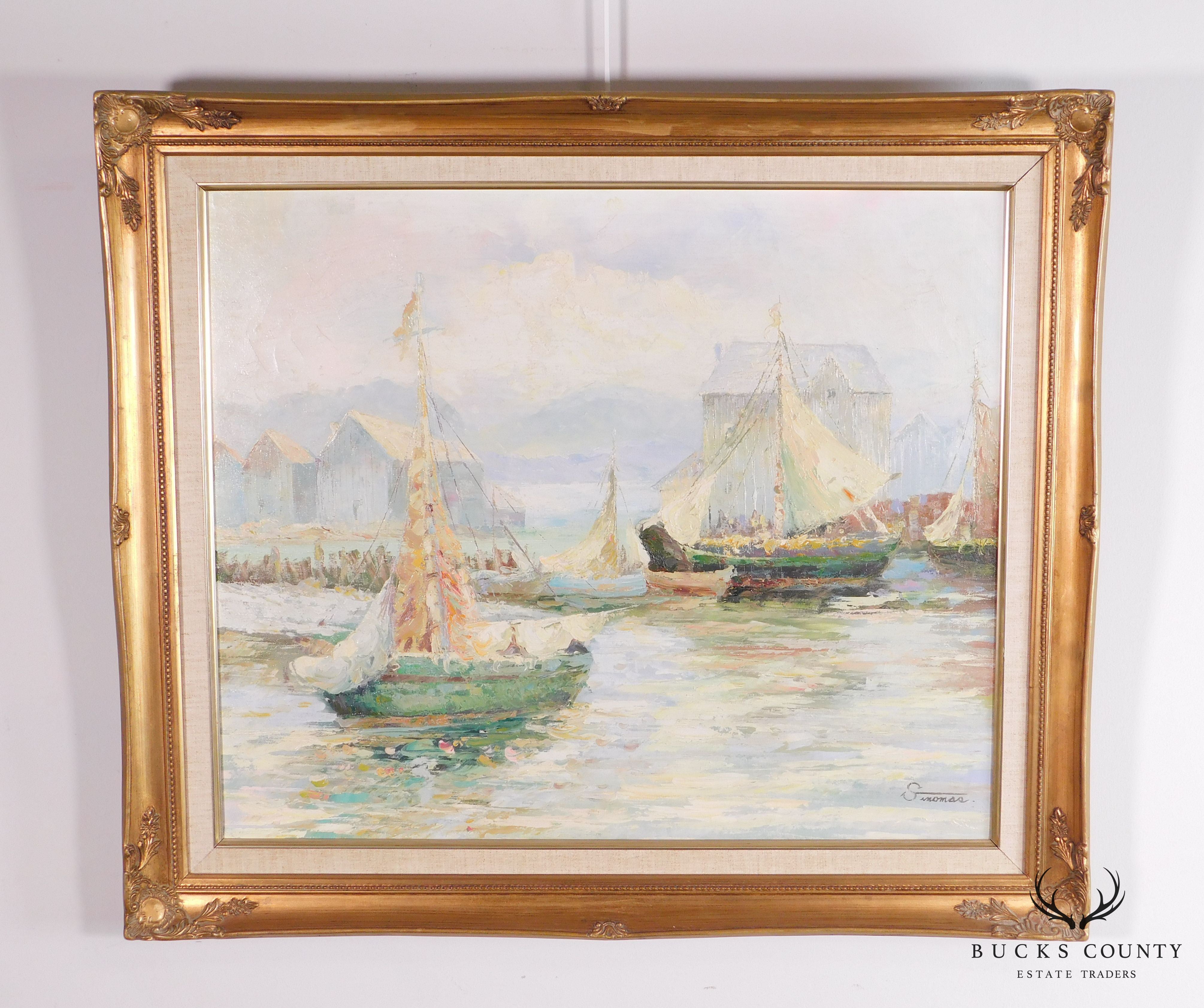 Sinomas, Oil on Canvas Painting of Working Lanteen Sailing Vessels in Port Custom Frame