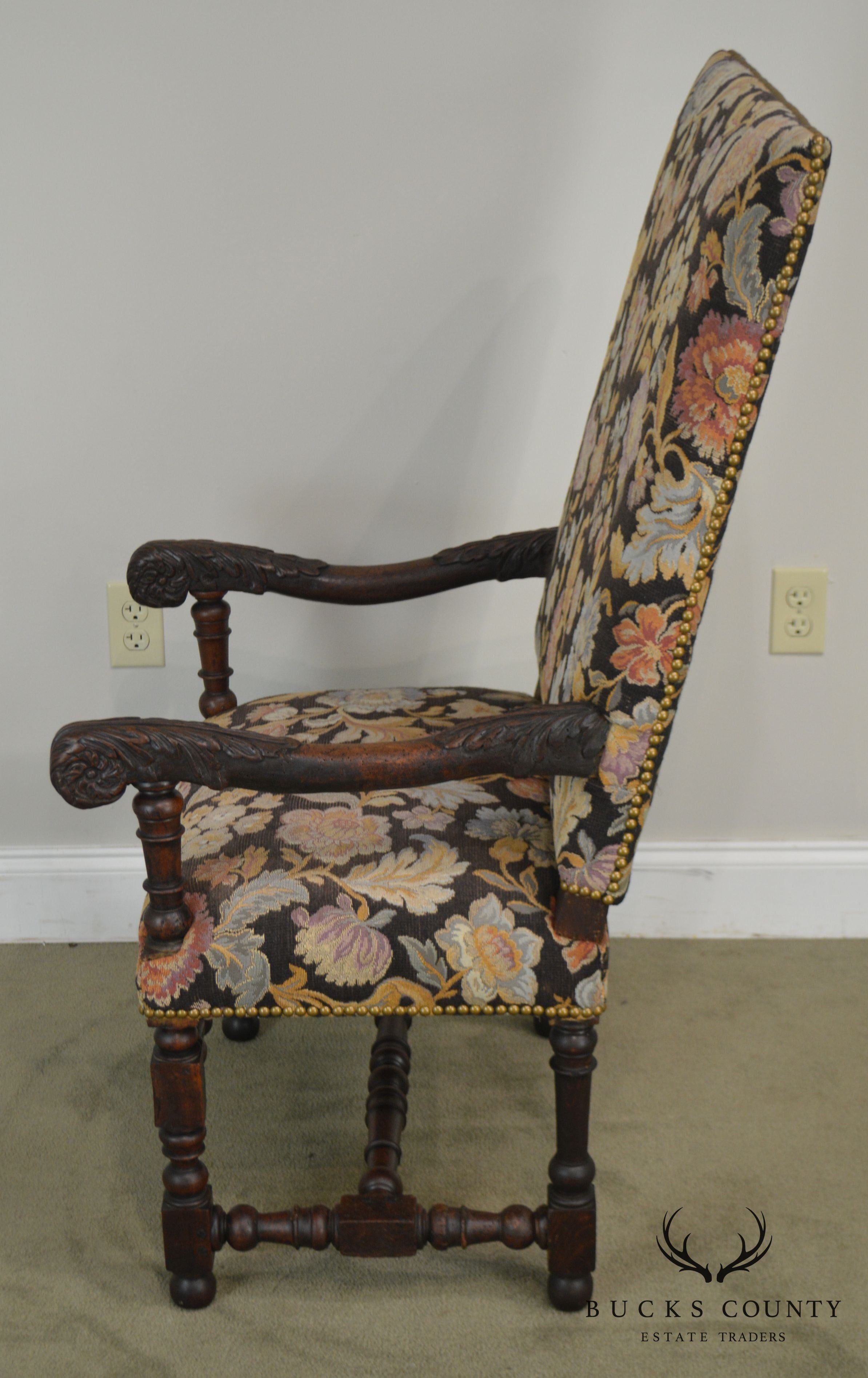 Antique 19th Century French Louis XIII Style Pair Walnut Throne Armchairs