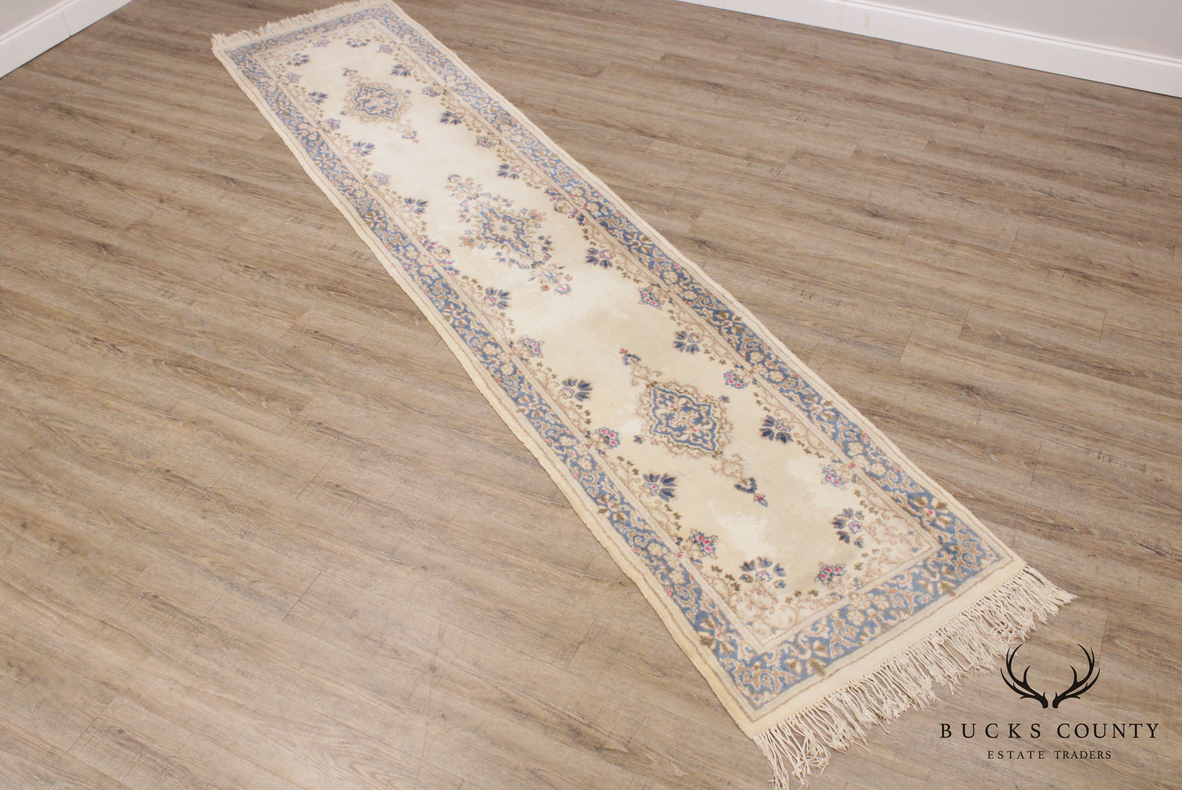 Hand Woven Vintage Ivory and Blue Kirman 145"x 30" Long Runner Rug