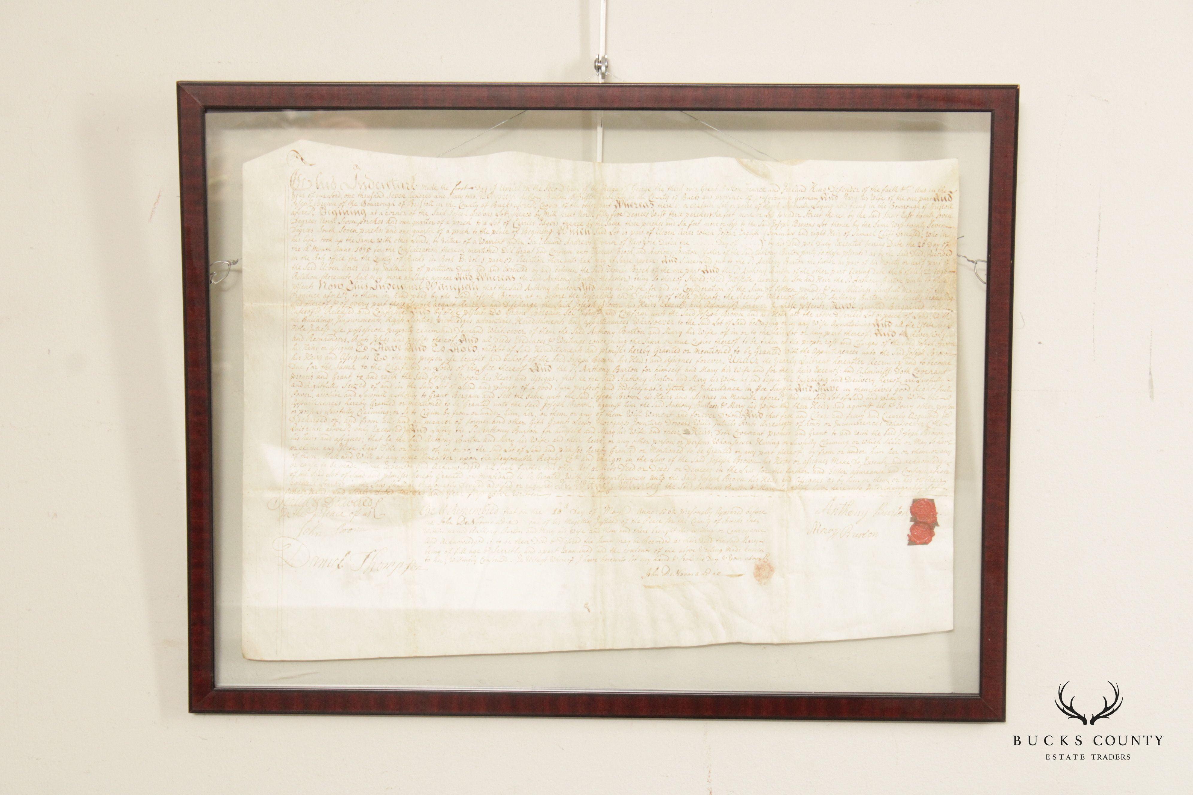 Antique 18th Century Bucks County PA Indenture Deed, Custom Framed