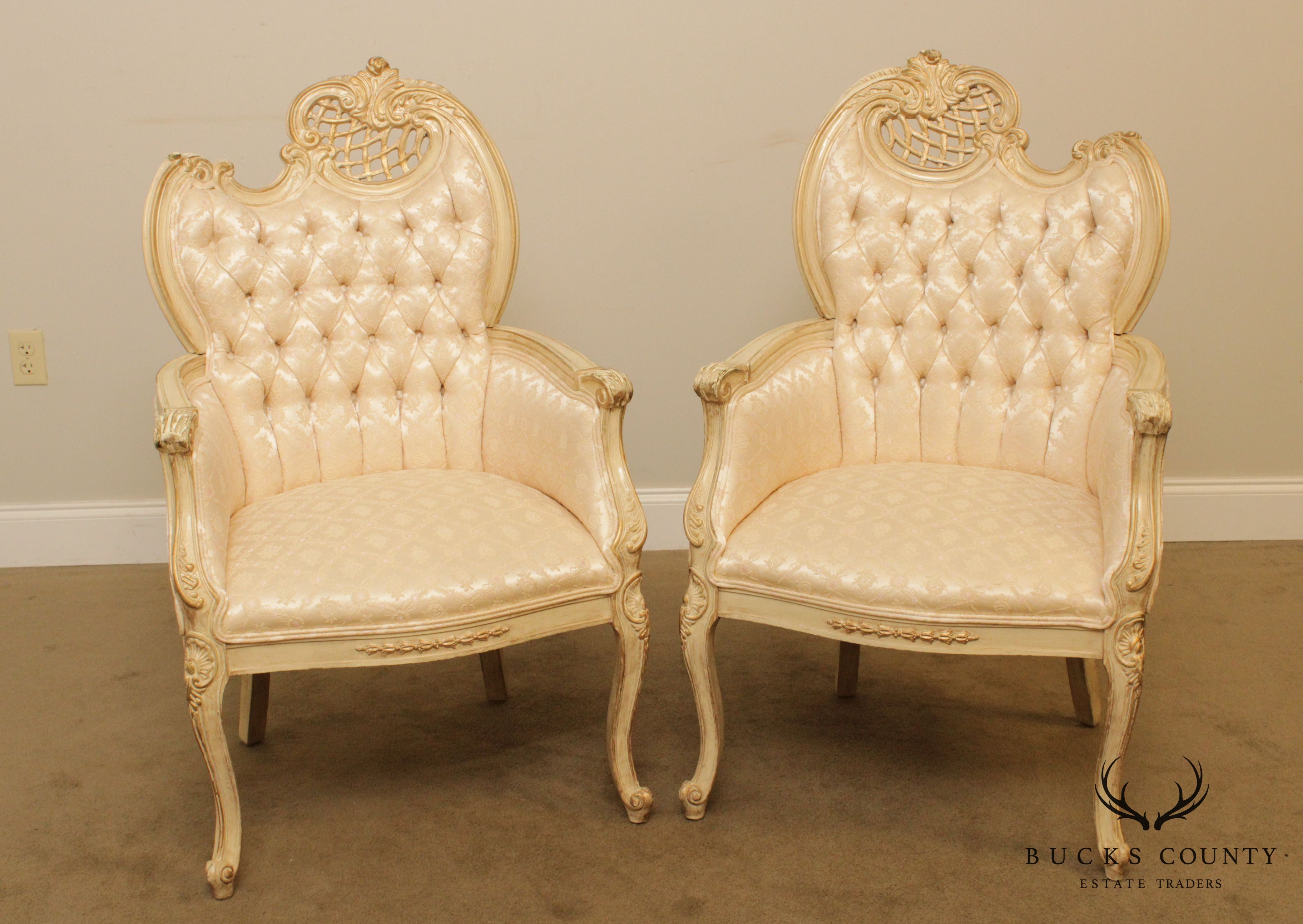 French Louis XV Style Vintage Pair Cream Painted Tufted Fire Side Chairs