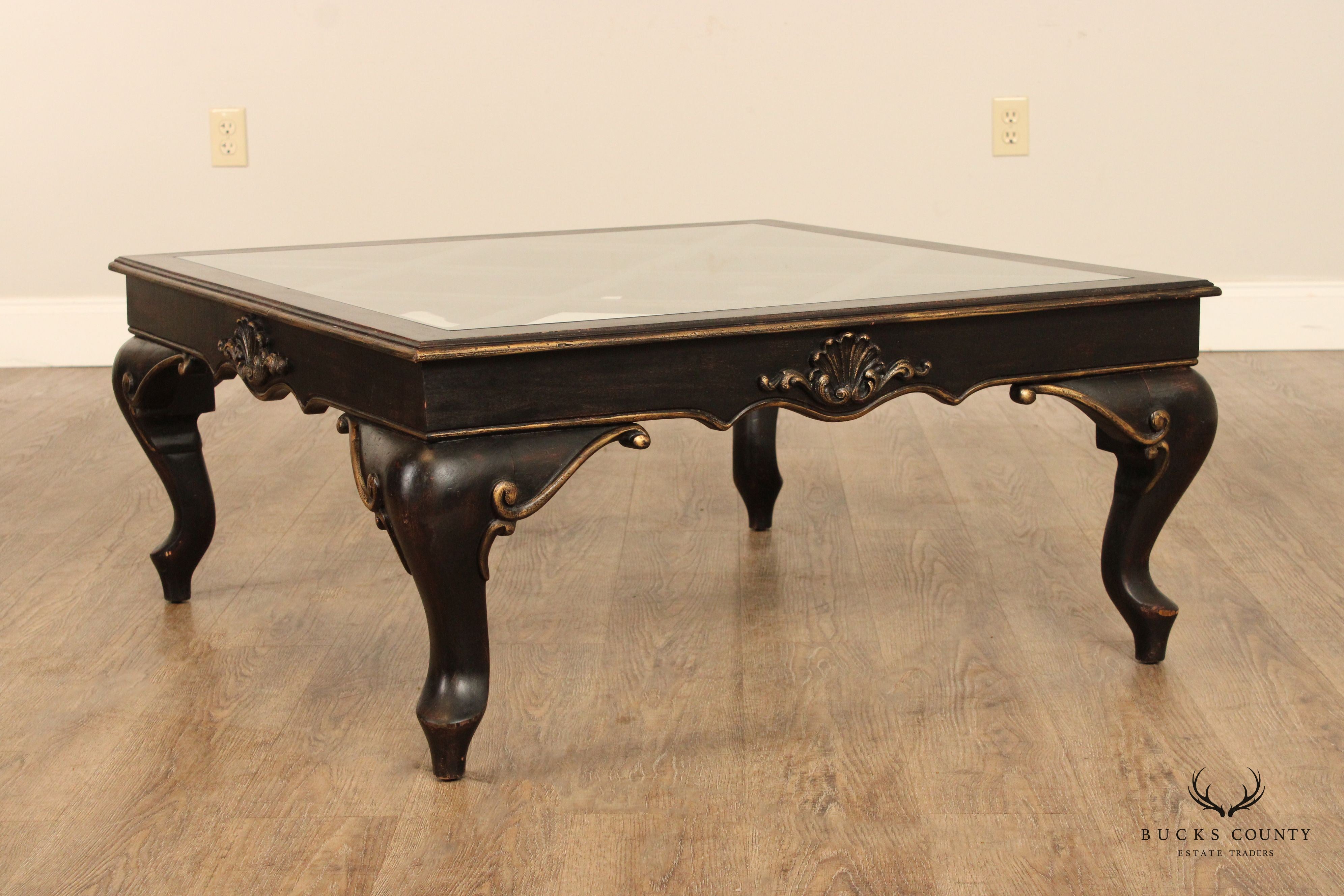 French Louis XV Style Ebonized Wood Glass Top Coffee Table