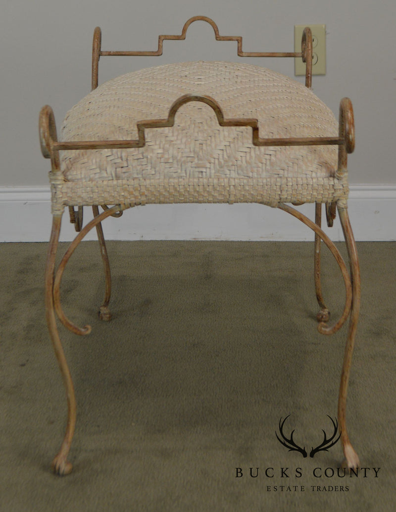 Unusual Woven Leather Seat Wrought Iron Vanity Bench