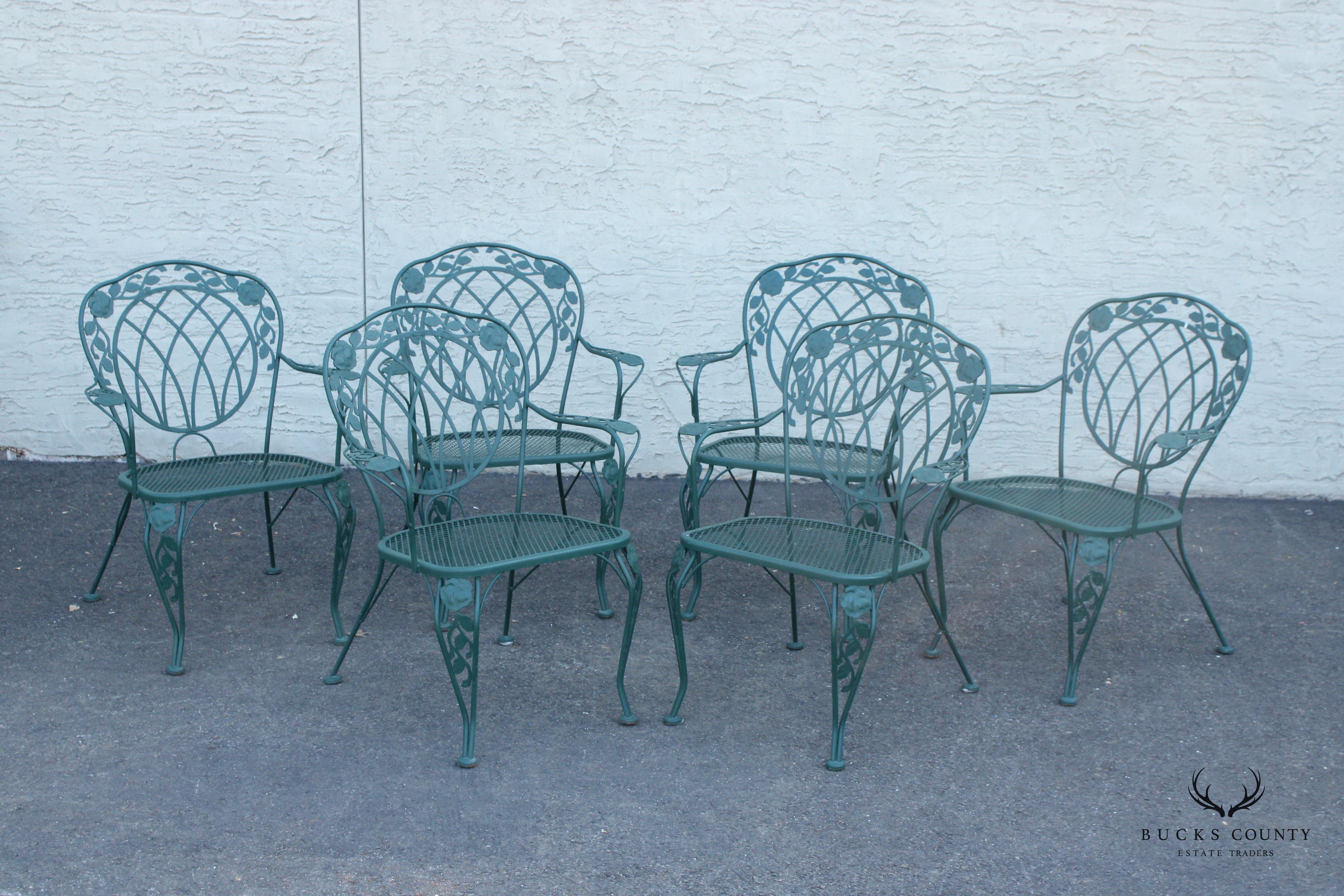 Quality Chantilly Rose Pattern Set Six Wrought Iron Dining Chairs