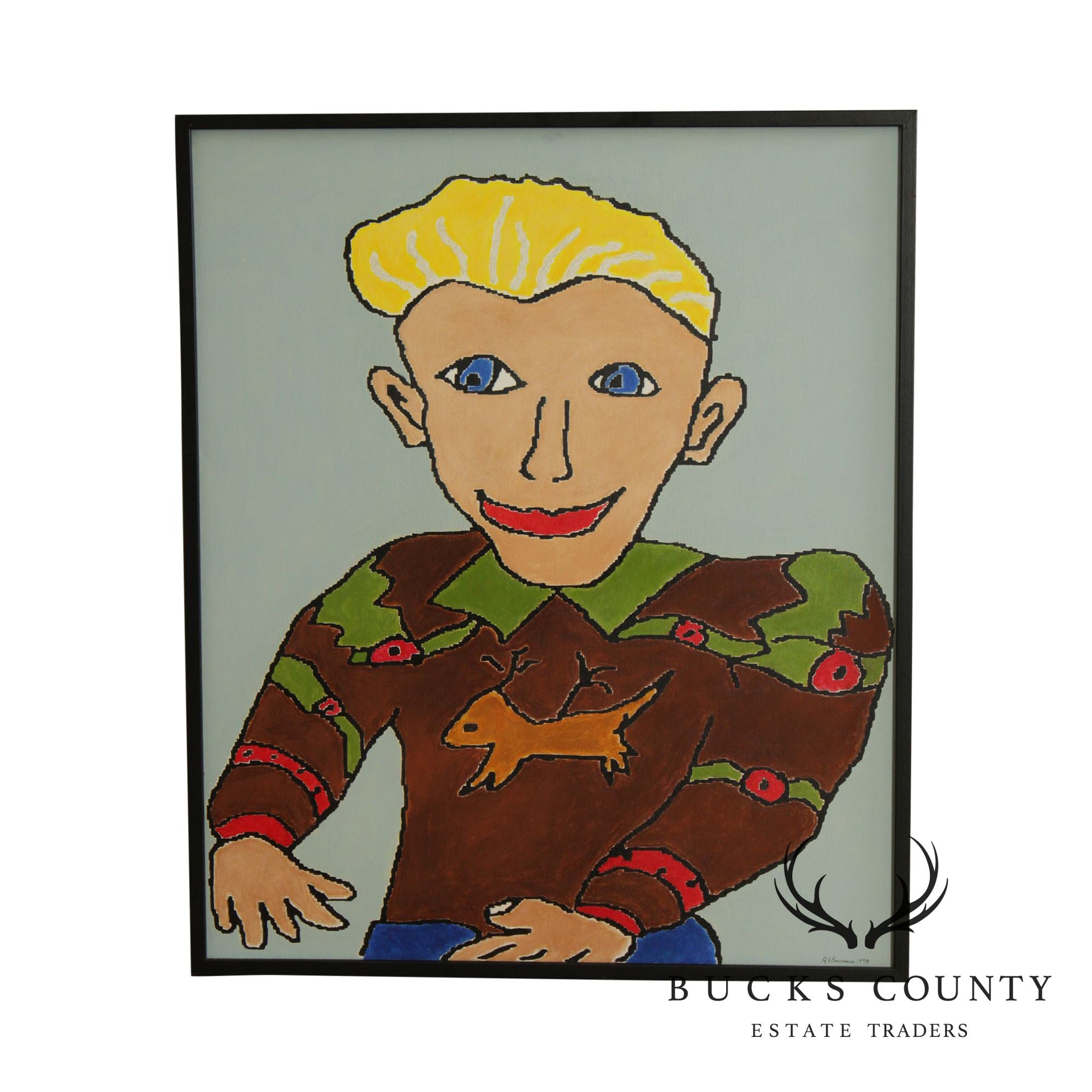 Anne E. BourassaAnne E. Bourassa Original Oil Painting on Canvas Portrait Blonde Man, Christmas Sweater