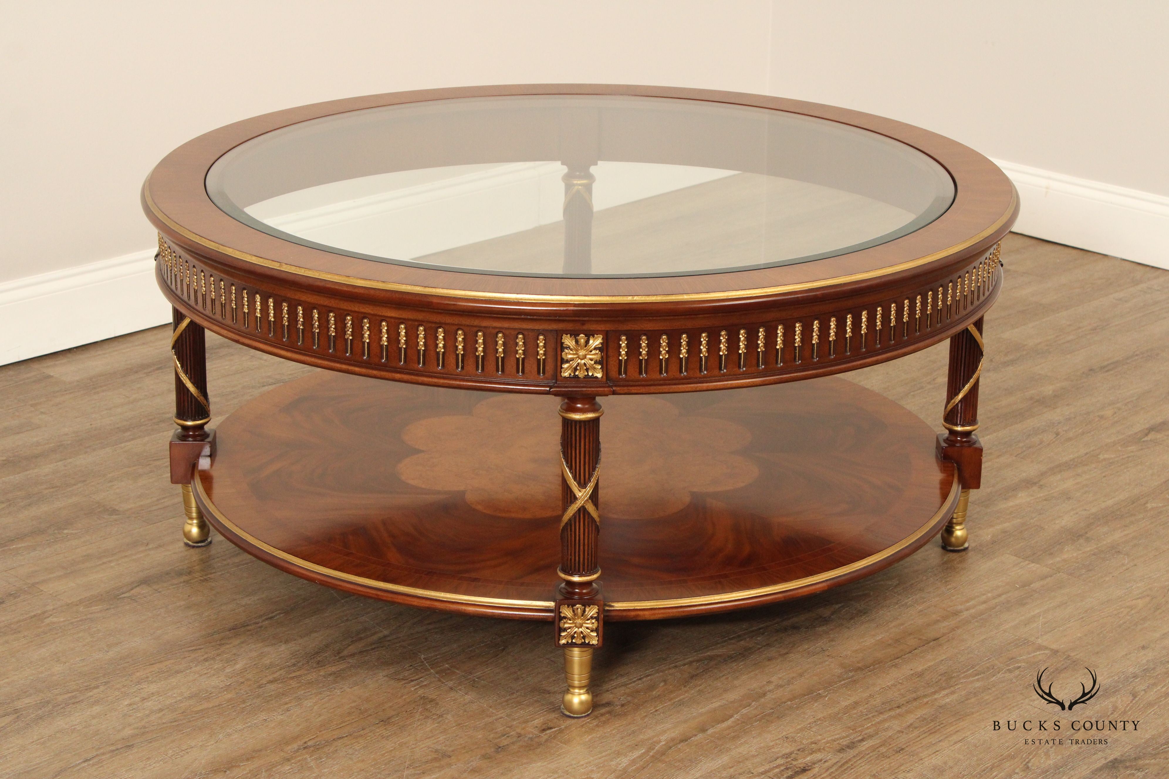 EJ Victor Regency Style Round Glass Top Mahogany Coffee Table