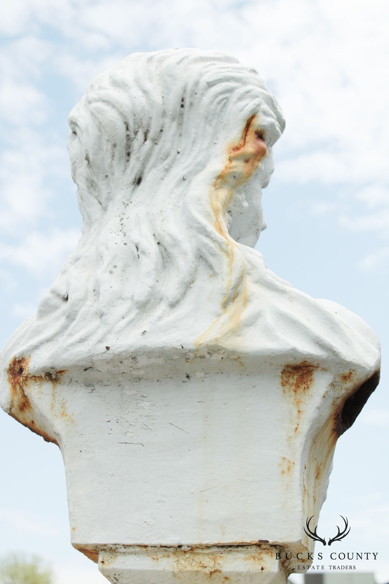 Vintage Cast Iron Bust Garden Statue On Pedestal