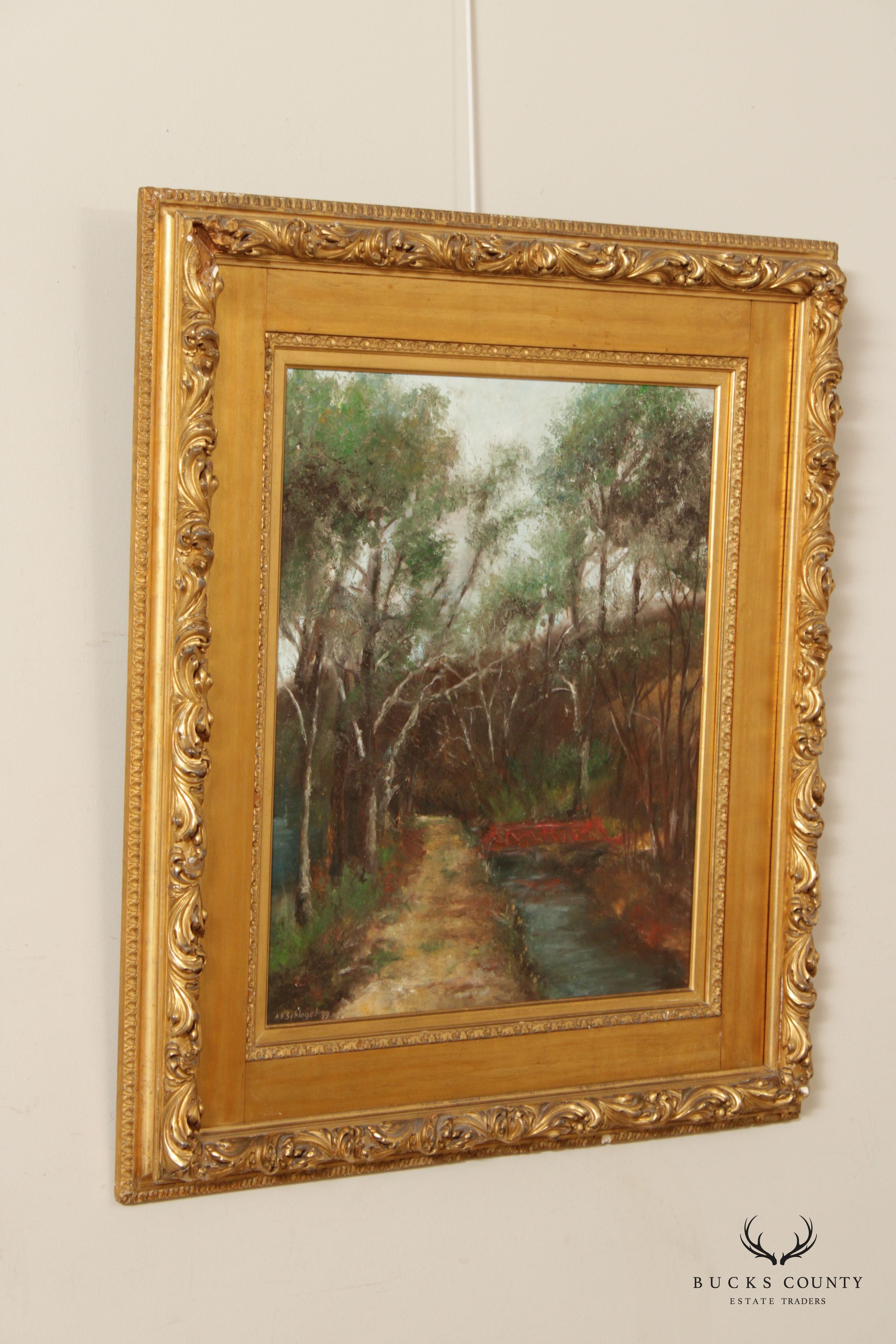 1990s Woodland Stream Original Painting, Signed 'A. E. Schlegel'