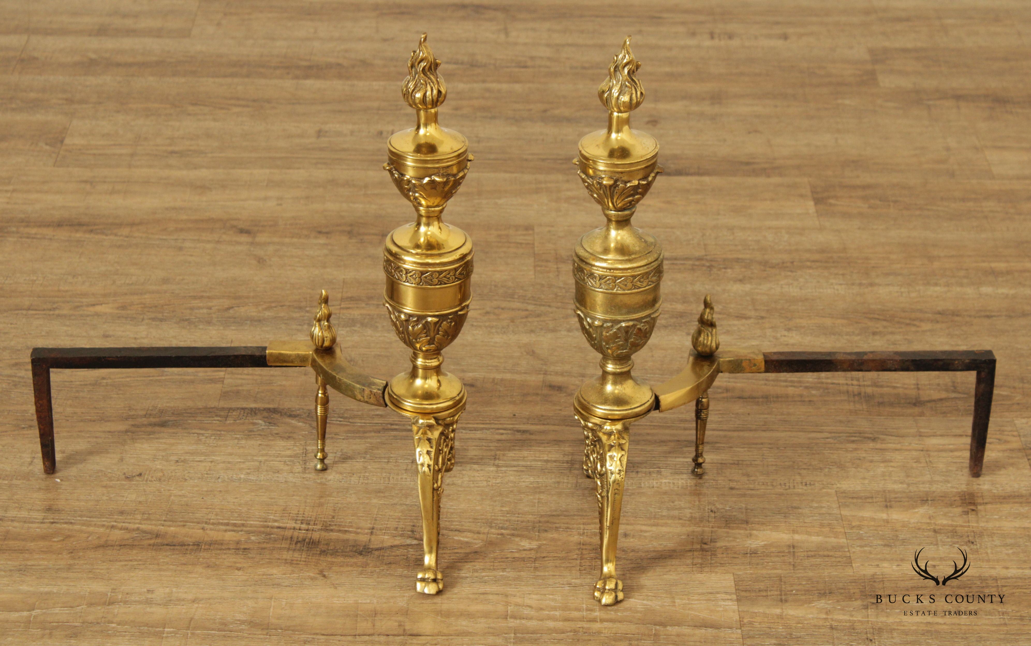 Vintage Pair of Neoclassical Style Brass Andirons