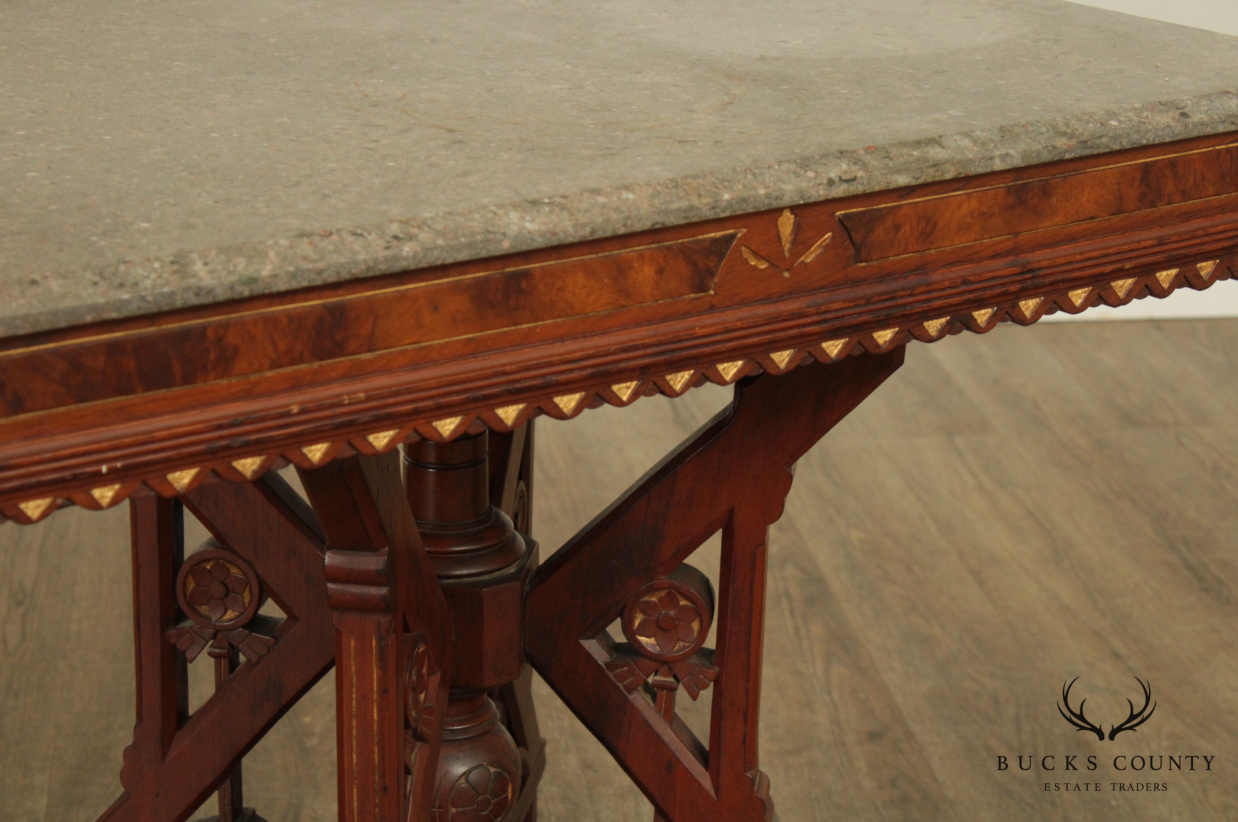 Antique Victorian Eastlake Walnut Marble Top Parlor Table