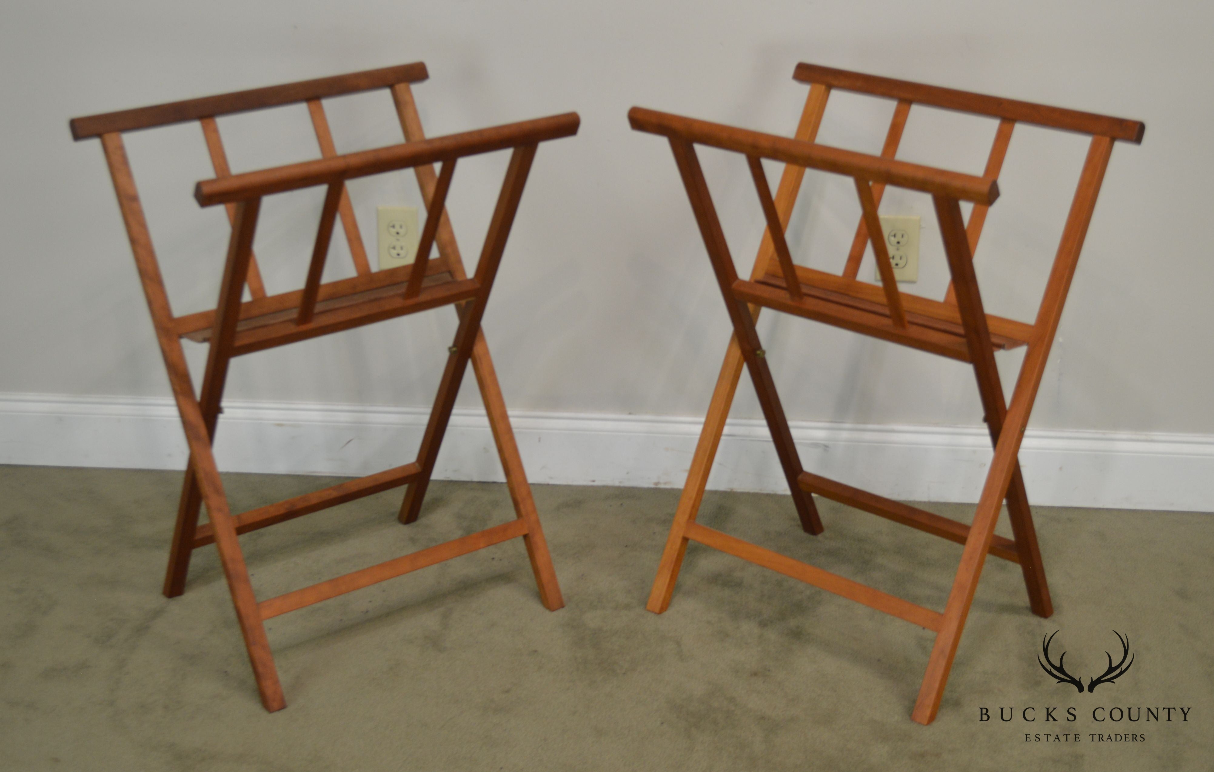 Danish Modern Style Pair Teak & Leather Folding Stands